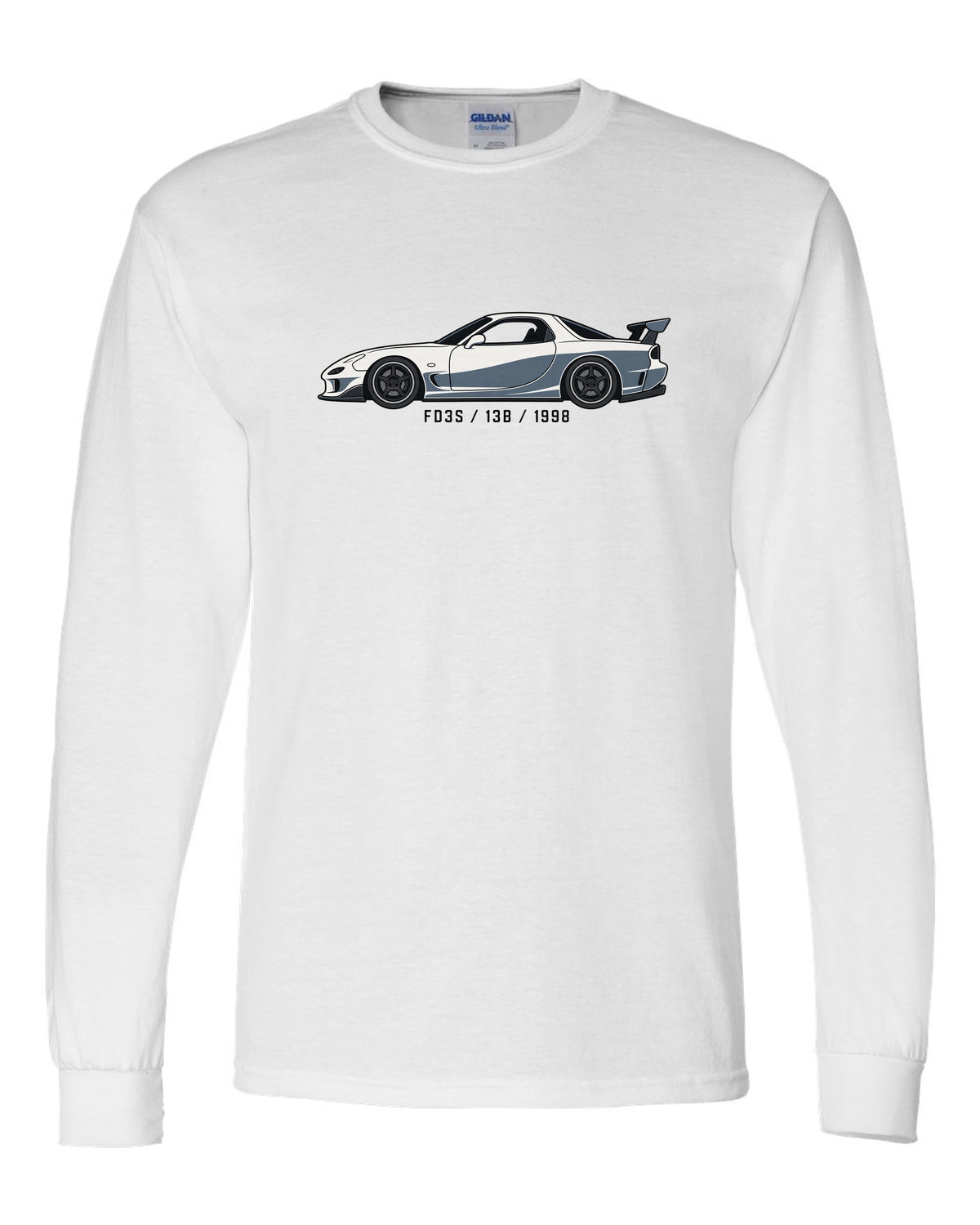 Embroidery-style varsity crest for the Mazda FD3S RX-7 reading TWIN TURBO SEQUENTIAL 1991 white long sleeve front view with the design