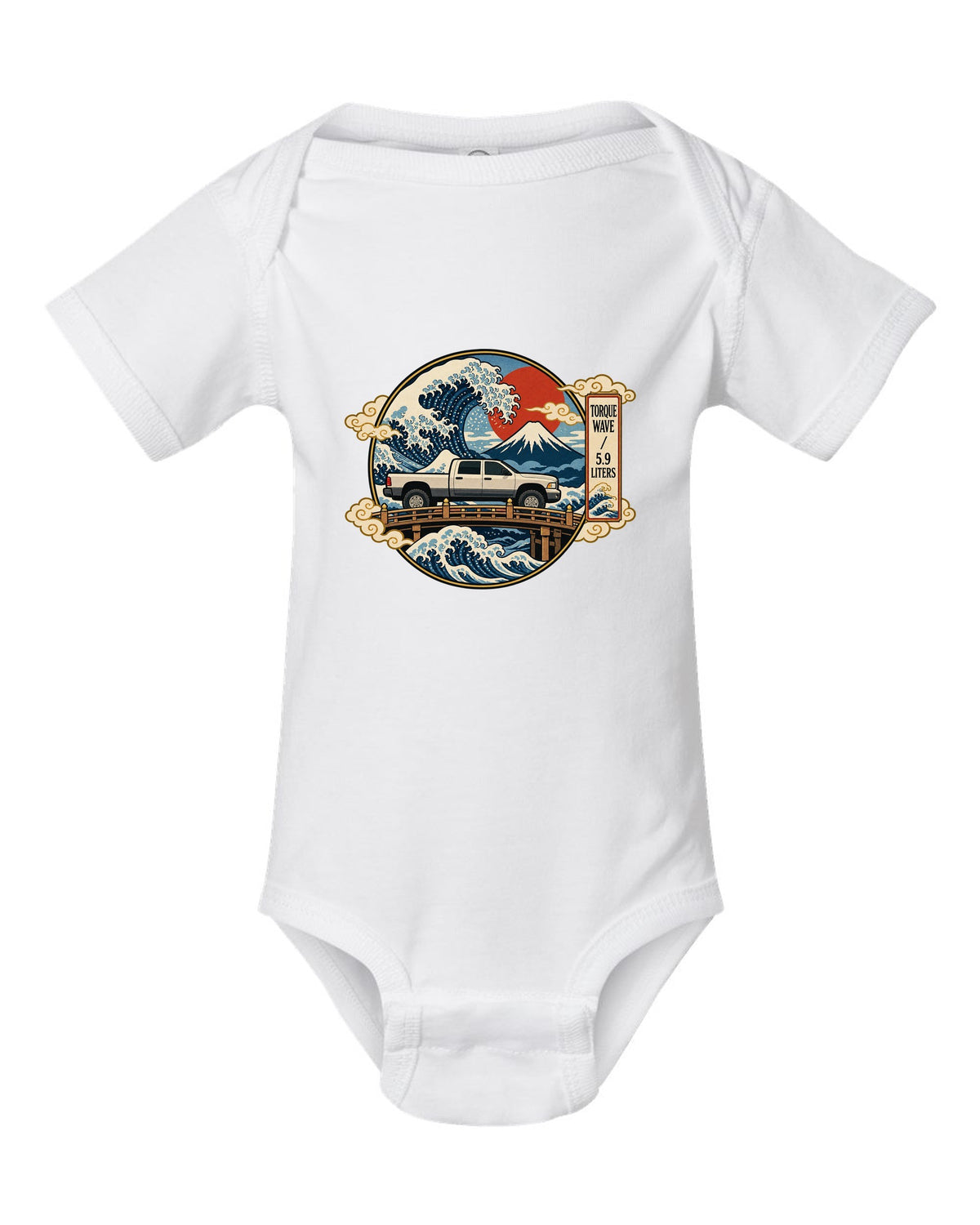 Ukiyo-e woodblock style print of a 2003-2009 Dodge Ram 2500 Cummins with torque wave 5.9 liters text white baby onesie front view with the design