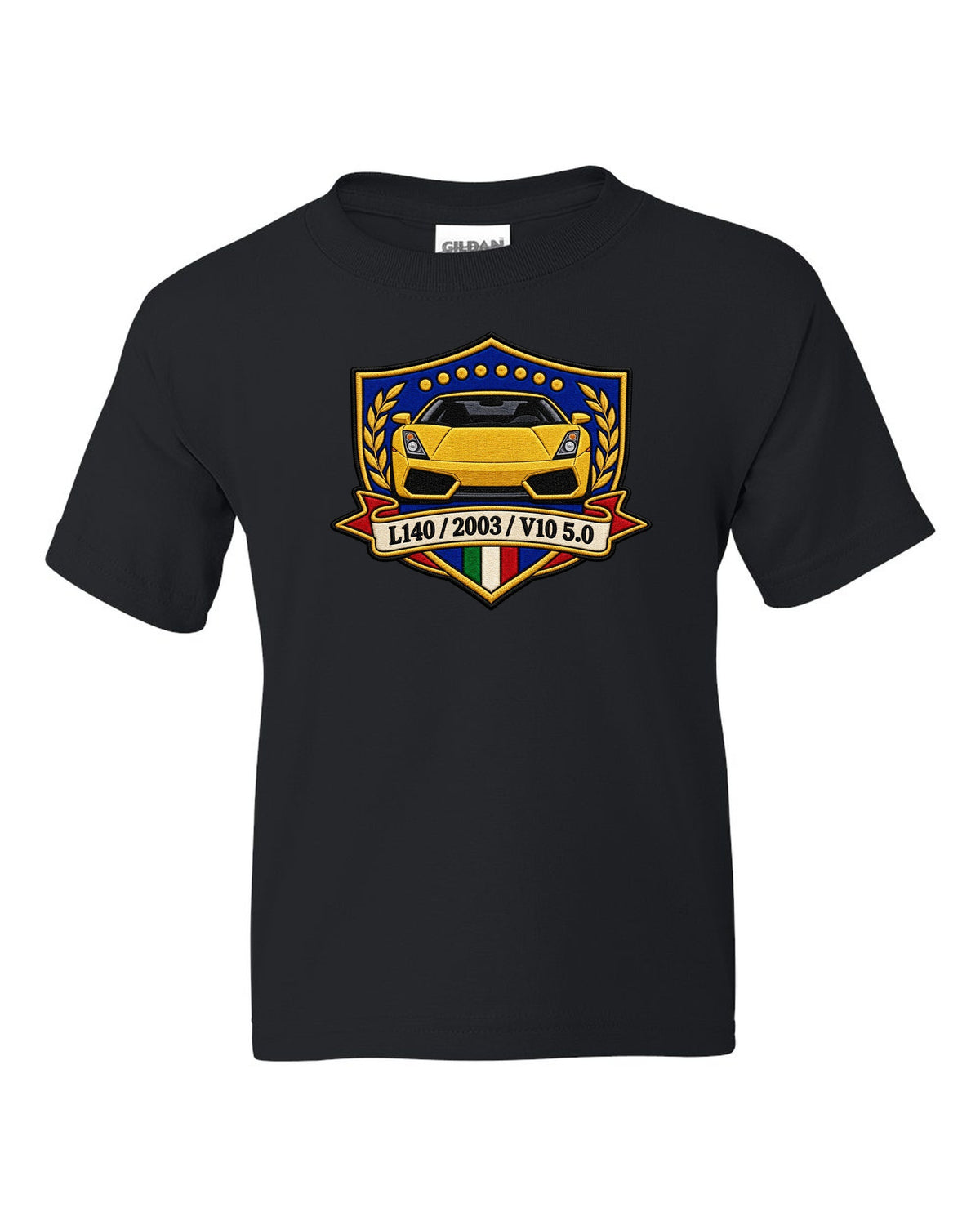 Embroidery-style crest for a 2003 Lamborghini Gallardo L140 with V10 5.0 text black kids tee front view with the design