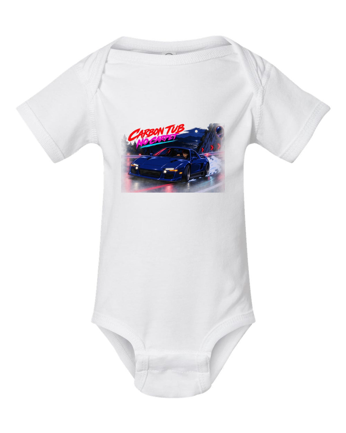 Cel-shaded anime night touge scene with an Alfa Romeo 4C and carbon tub no carpet text white baby onesie front view with the design