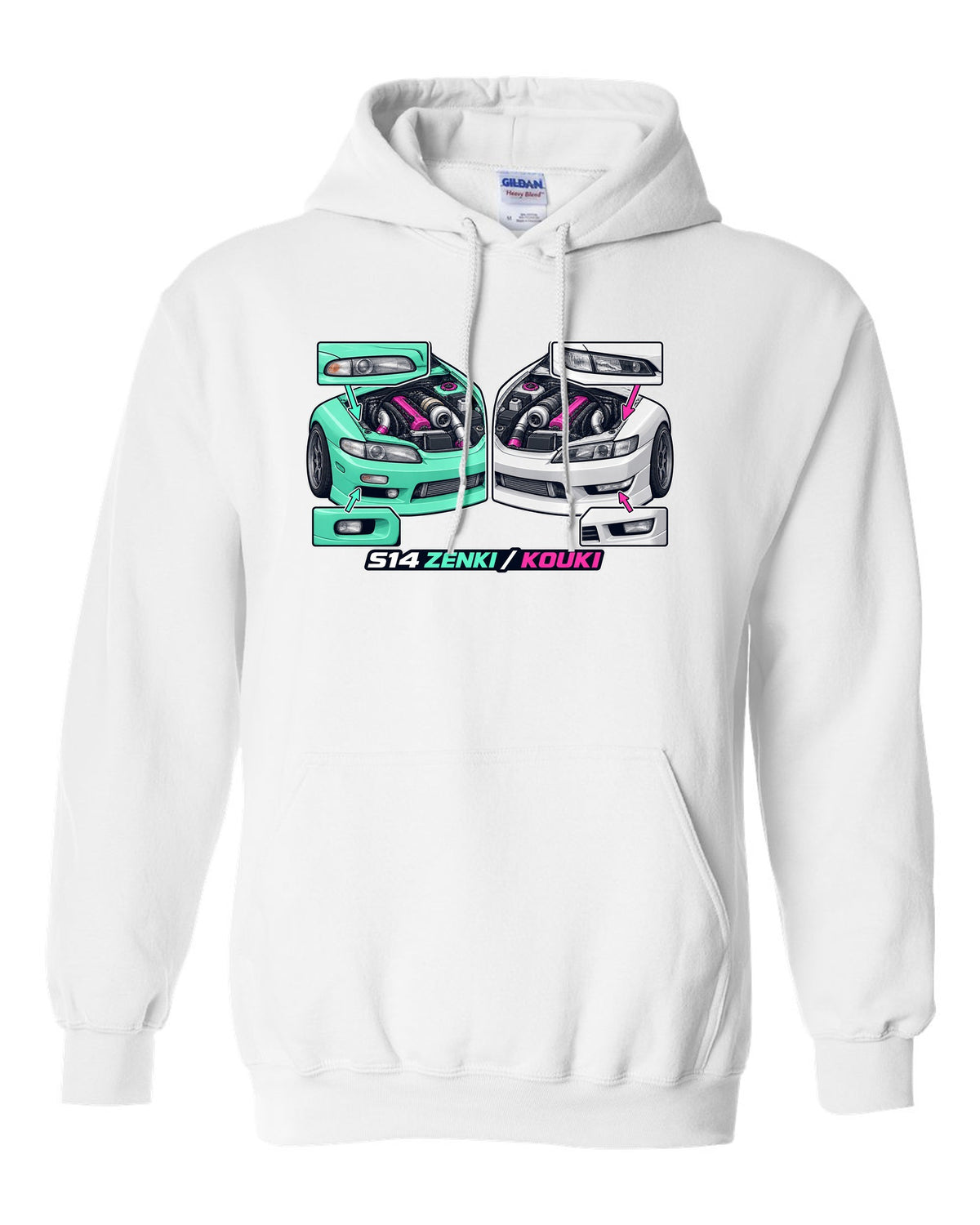 Isometric cutaway print of a 1993 Nissan Silvia S14 with Zenki and Kouki lettering white pull over hoodie front view with the design