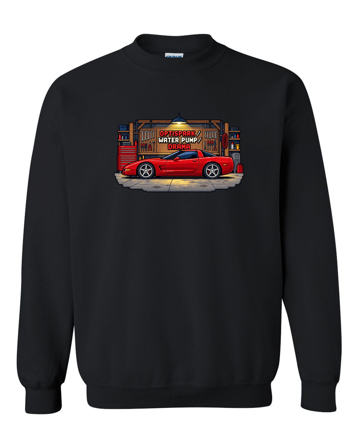 Pixel art print of a 1997 Chevrolet Corvette C5 coupe with Optispark Water Pump Drama text black crewneck front view with the design