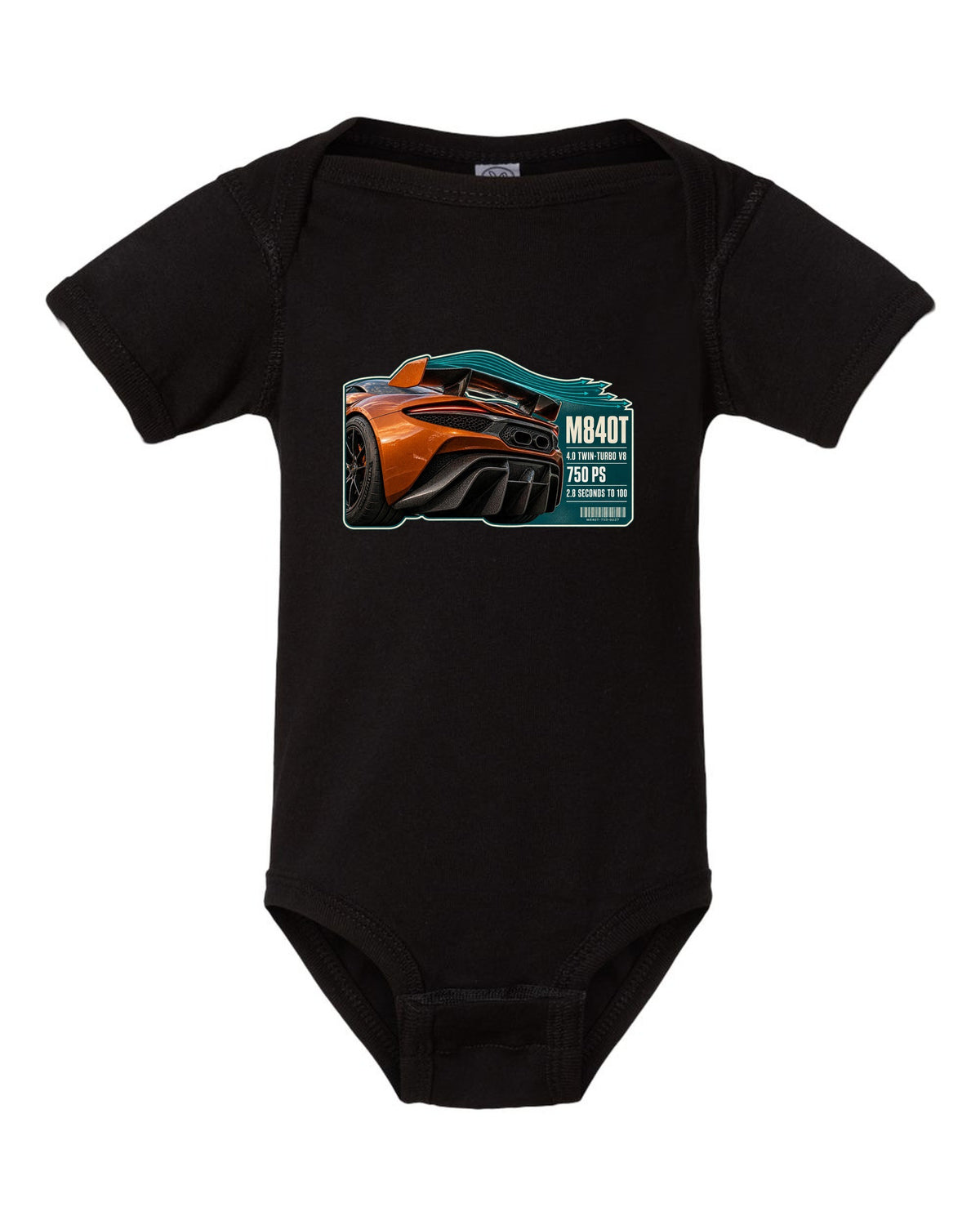 print taillight close-up of a McLaren 750S in burnt orange black baby onesie front view with the design