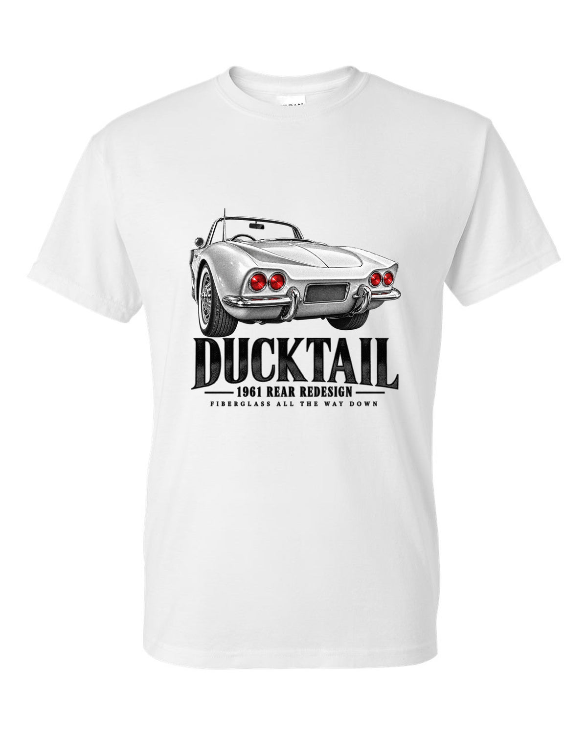 Chevrolet Corvette C1 1961 rear ducktail detail print white t-shirt front view with the design