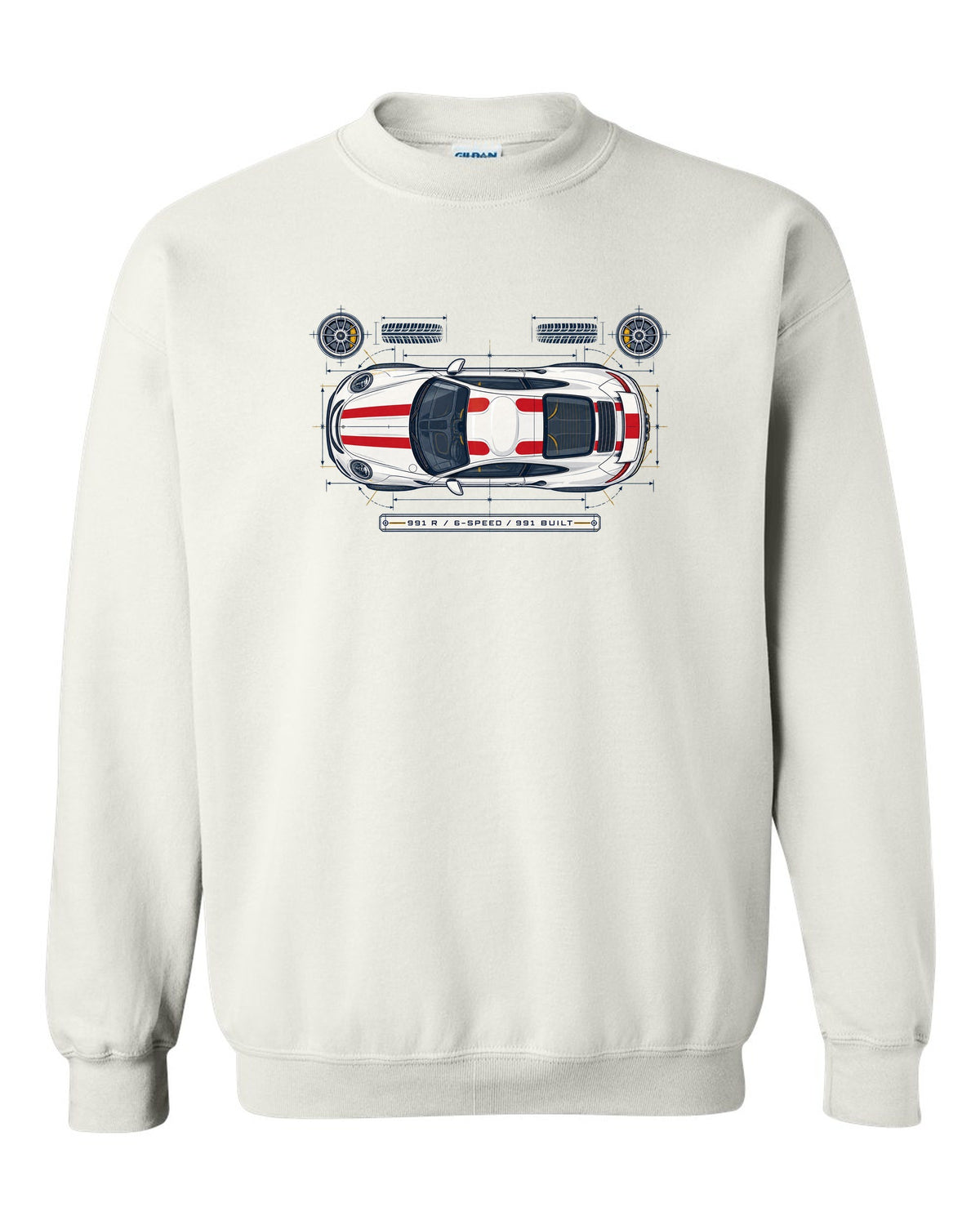 Porsche 993 Carrera five-dial gauge cluster HUD design with no screens text white crewneck front view with the design