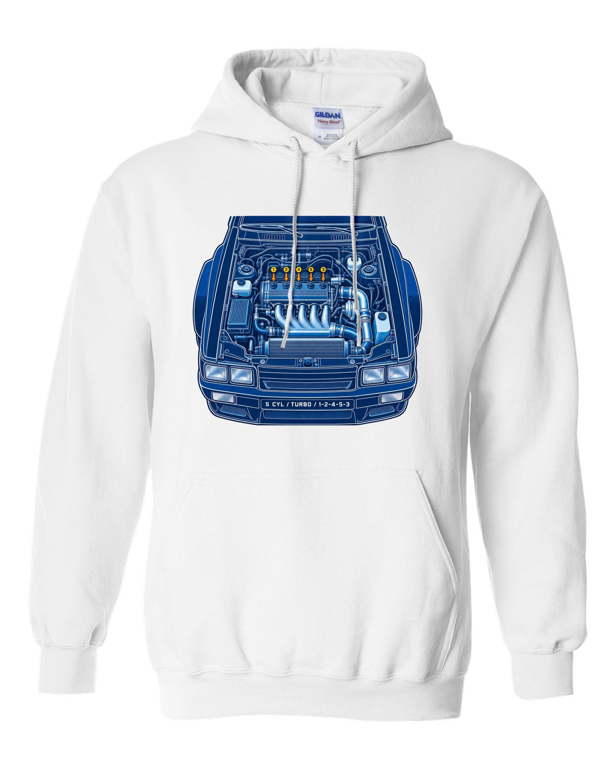 Cyanotype blueprint print of an Audi Ur-Quattro Type 85 with firing order text white pull over hoodie front view with the design