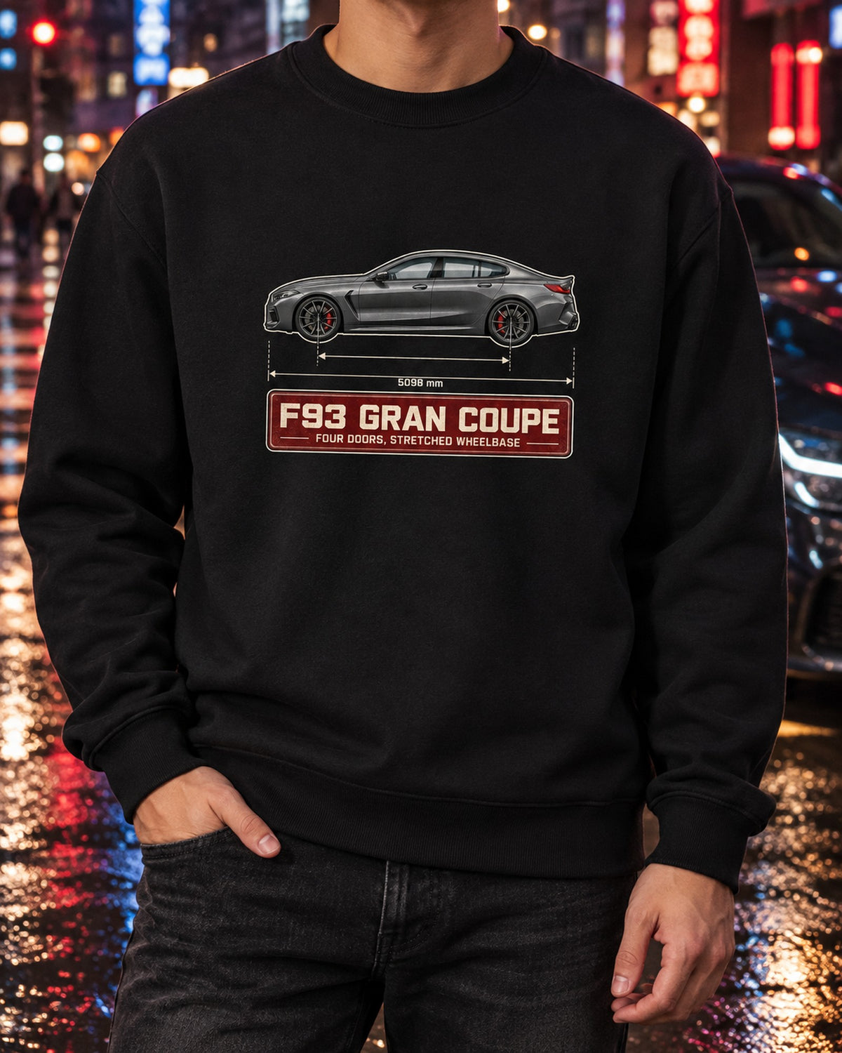 BMW M8 Gran Coupe F93 Blueprint Tee, Four Door Car Guy Crewneck Black worn hero