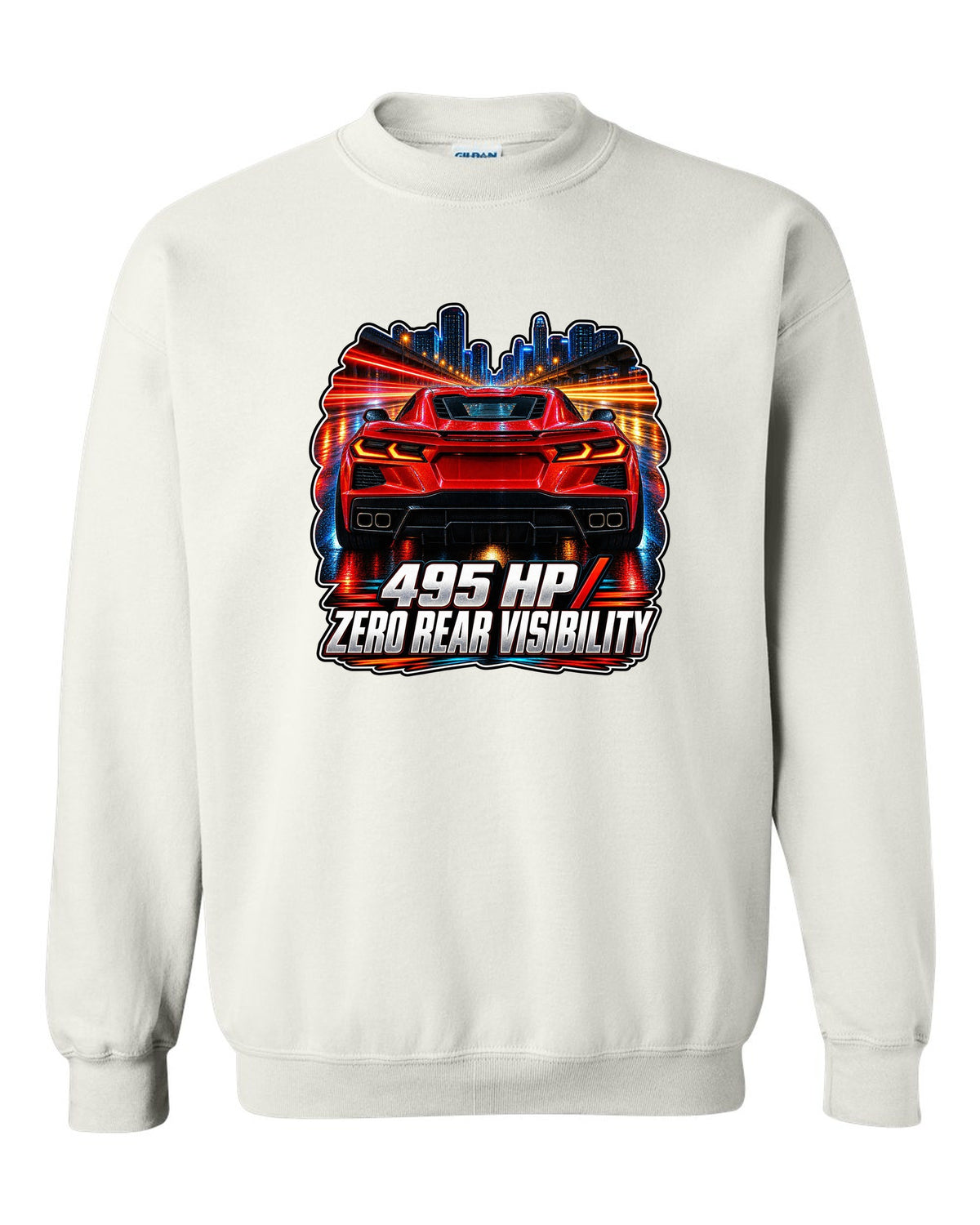 Long-exposure night poster print of a 2020 Chevrolet Corvette C8 Stingray with 495 HP zero rear visibility lettering white crewneck front view with the design