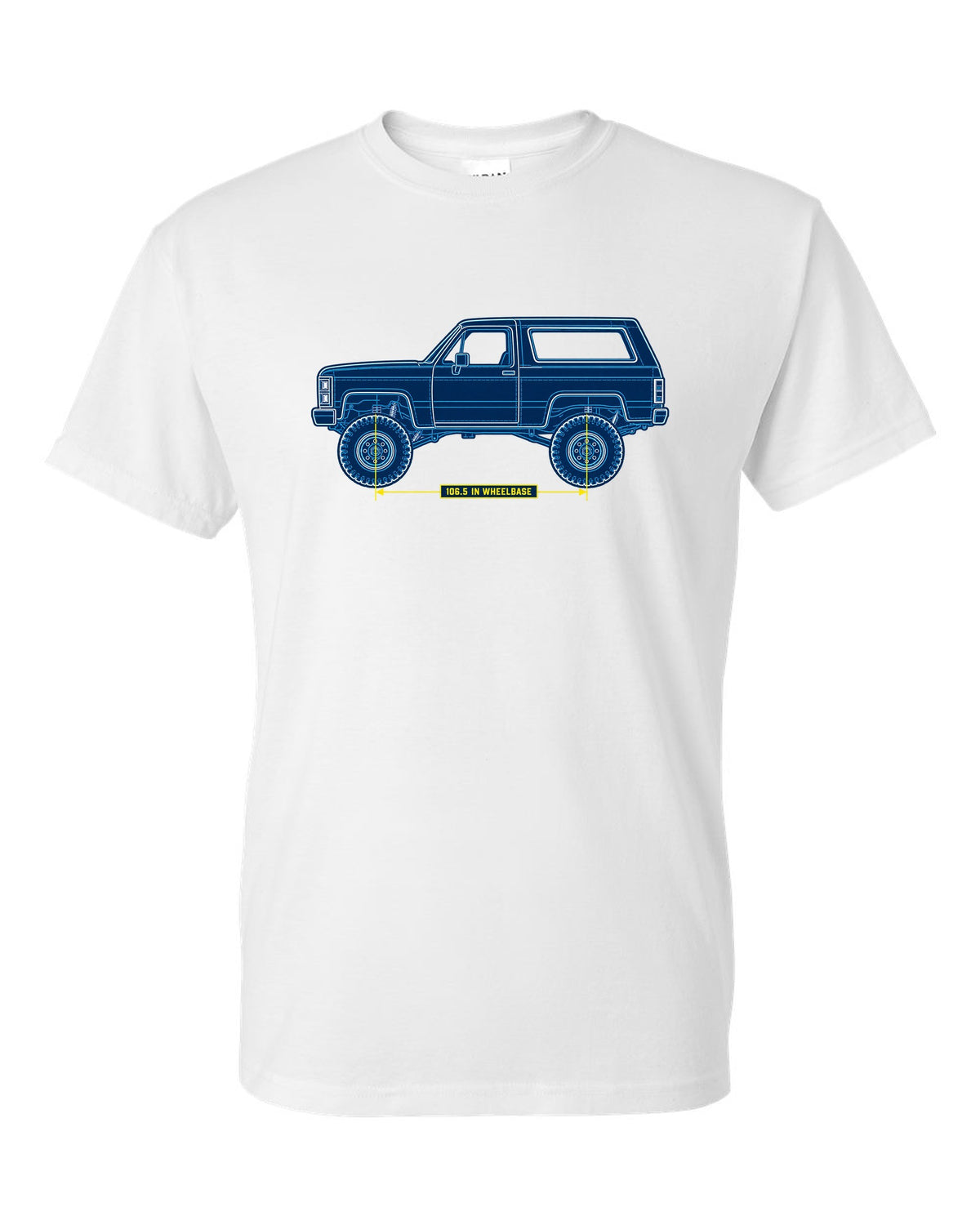 Chevrolet K5 Blazer Blueprint Side View white t-shirt front view with the design