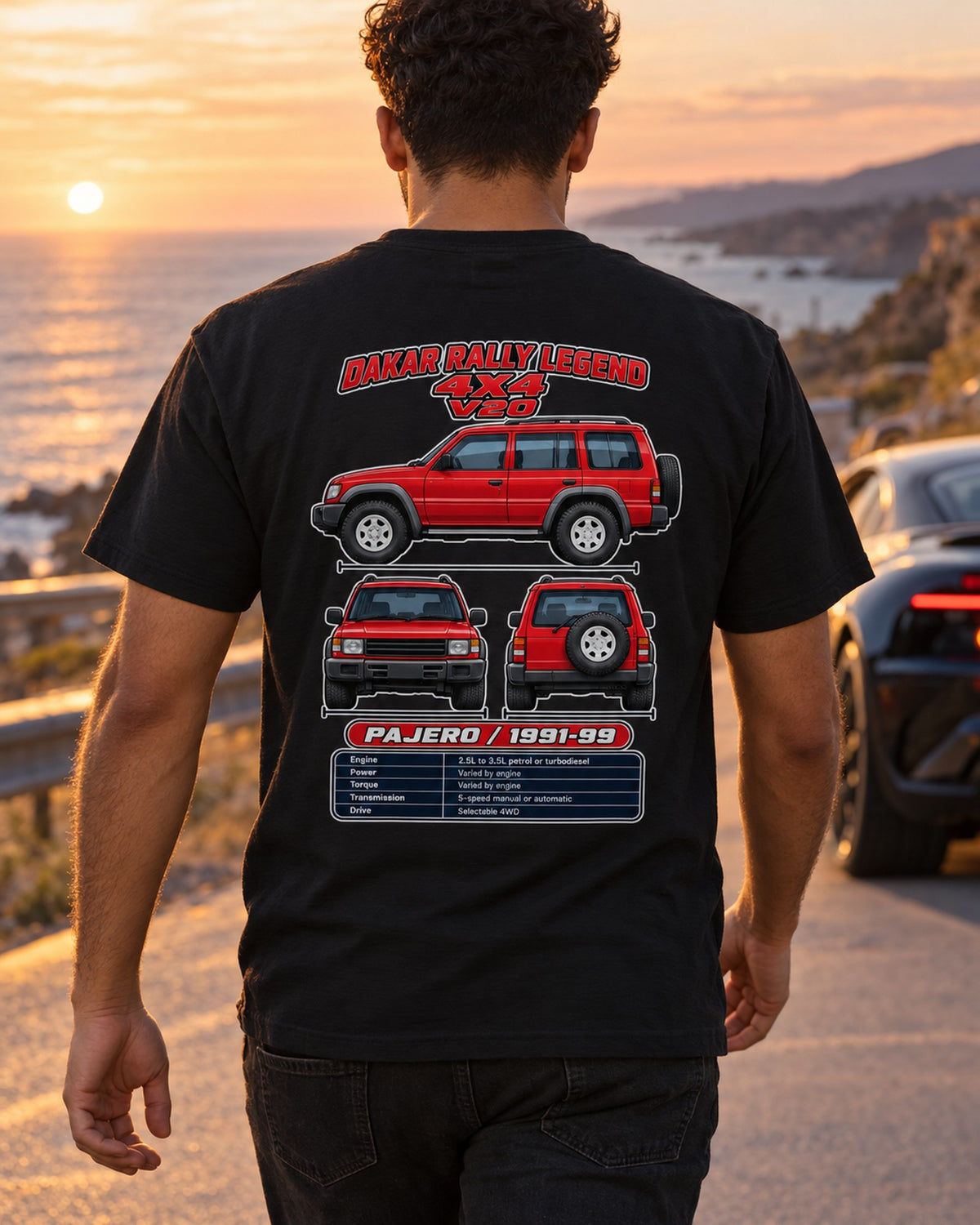 Mitsubishi Pajero Spec Sheet Full-Back Graphic Tee T-Shirt Black worn hero