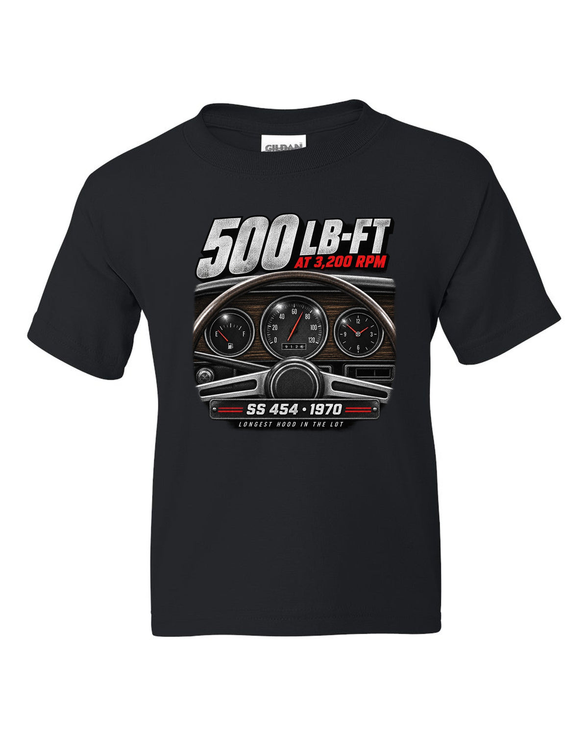 1970 Monte Carlo SS 454 gauge cockpit print with 500 lb-ft torque text black kids tee front view with the design