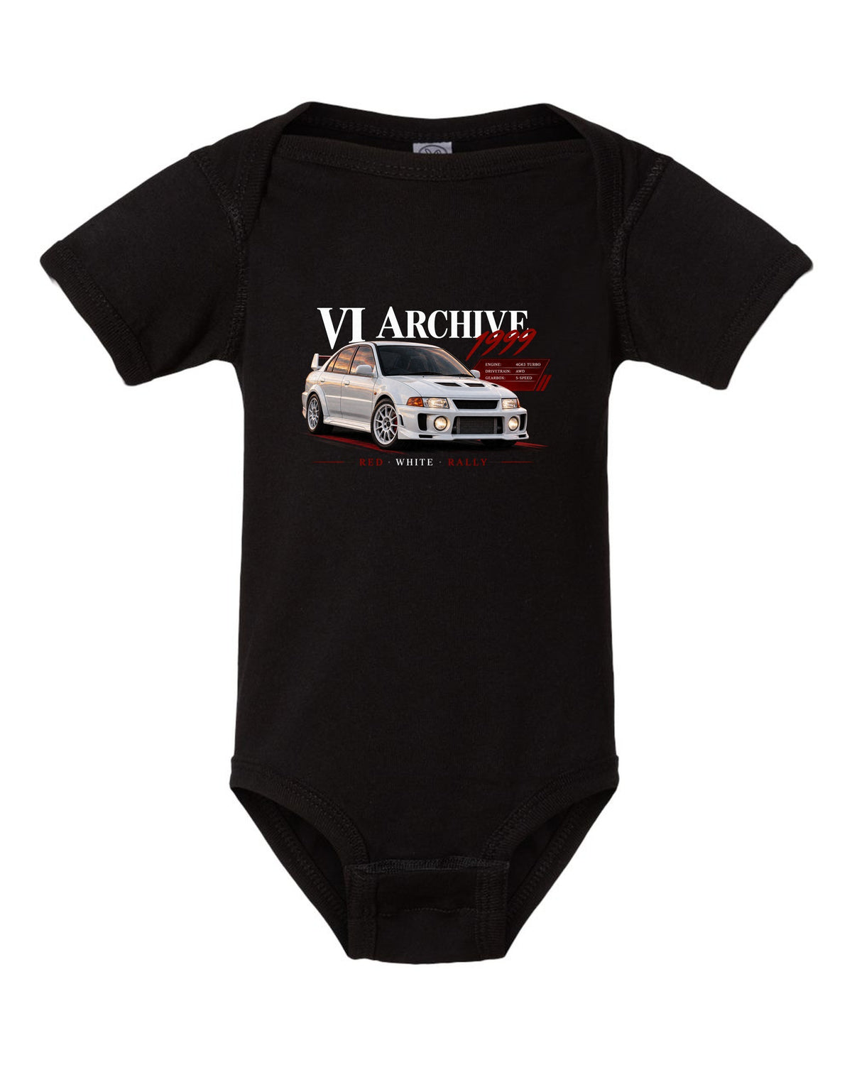 Archive panel print for the Mitsubishi Lancer Evolution VI CP9A listing 4G63 turbo, AWD, 5-speed, red white rally black baby onesie front view with the design