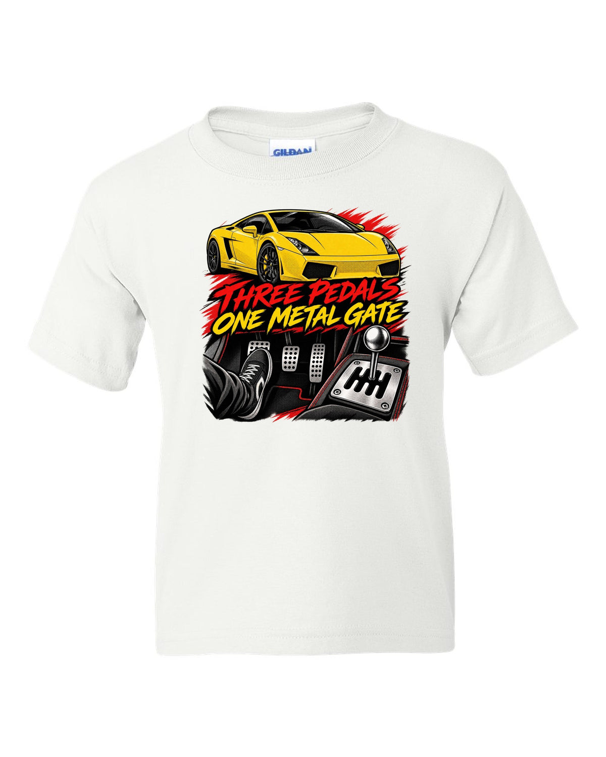 Retro black-ink manga panel of a Lamborghini Gallardo coupe with a gated six-speed manual shifter white kids tee front view with the design
