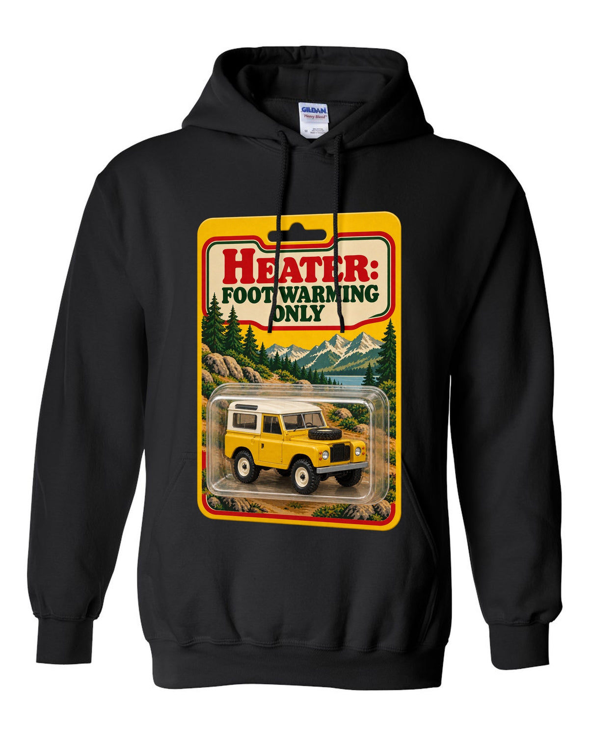 Toy blister card print with a Land Rover Defender 90 and the text Heater Foot Warming Only black pull over hoodie front view with the design