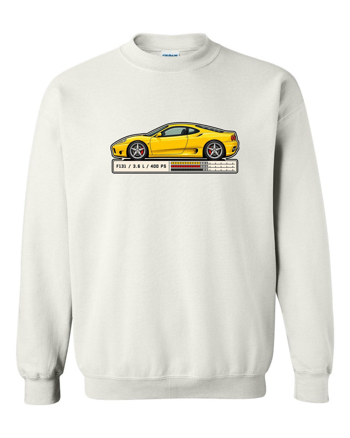 Spec sheet data plate print for the Ferrari 360 Modena listing F131, 3.6 L and 400 PS white crewneck front view with the design