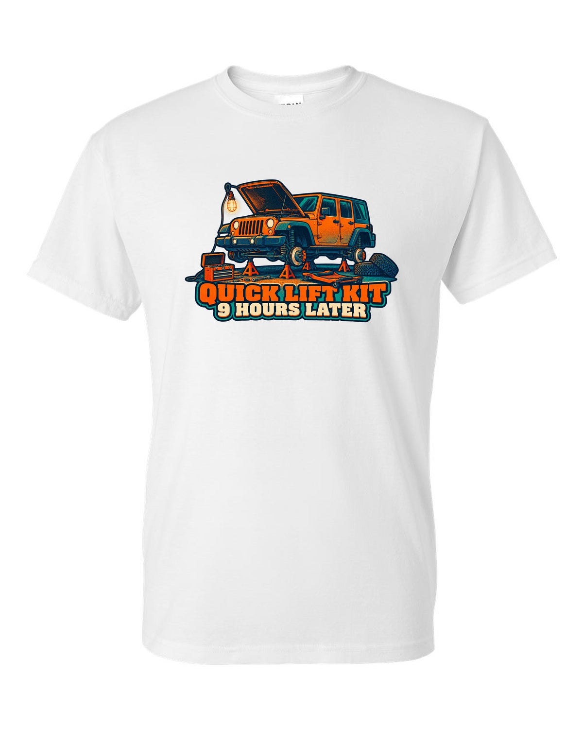 Risograph-style print of a Jeep Wrangler JKU four-door with lift kit joke text white t-shirt front view with the design