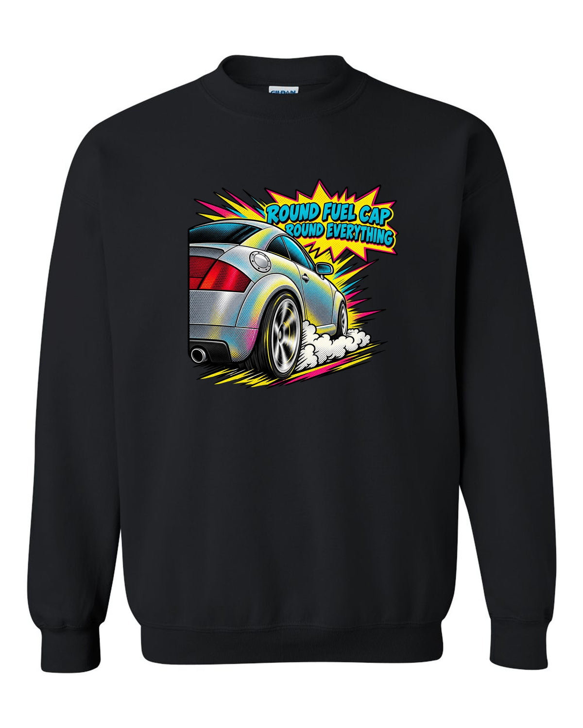 Comic halftone pop-art print of an Audi TT 8N with Round Fuel Cap text black crewneck front view with the design