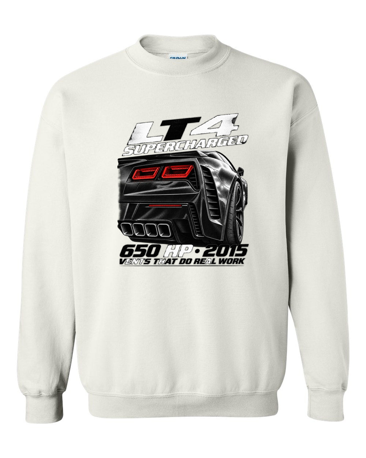 Corvette C7 Z06 rear vents close-up with LT4 650 HP text white crewneck front view with the design