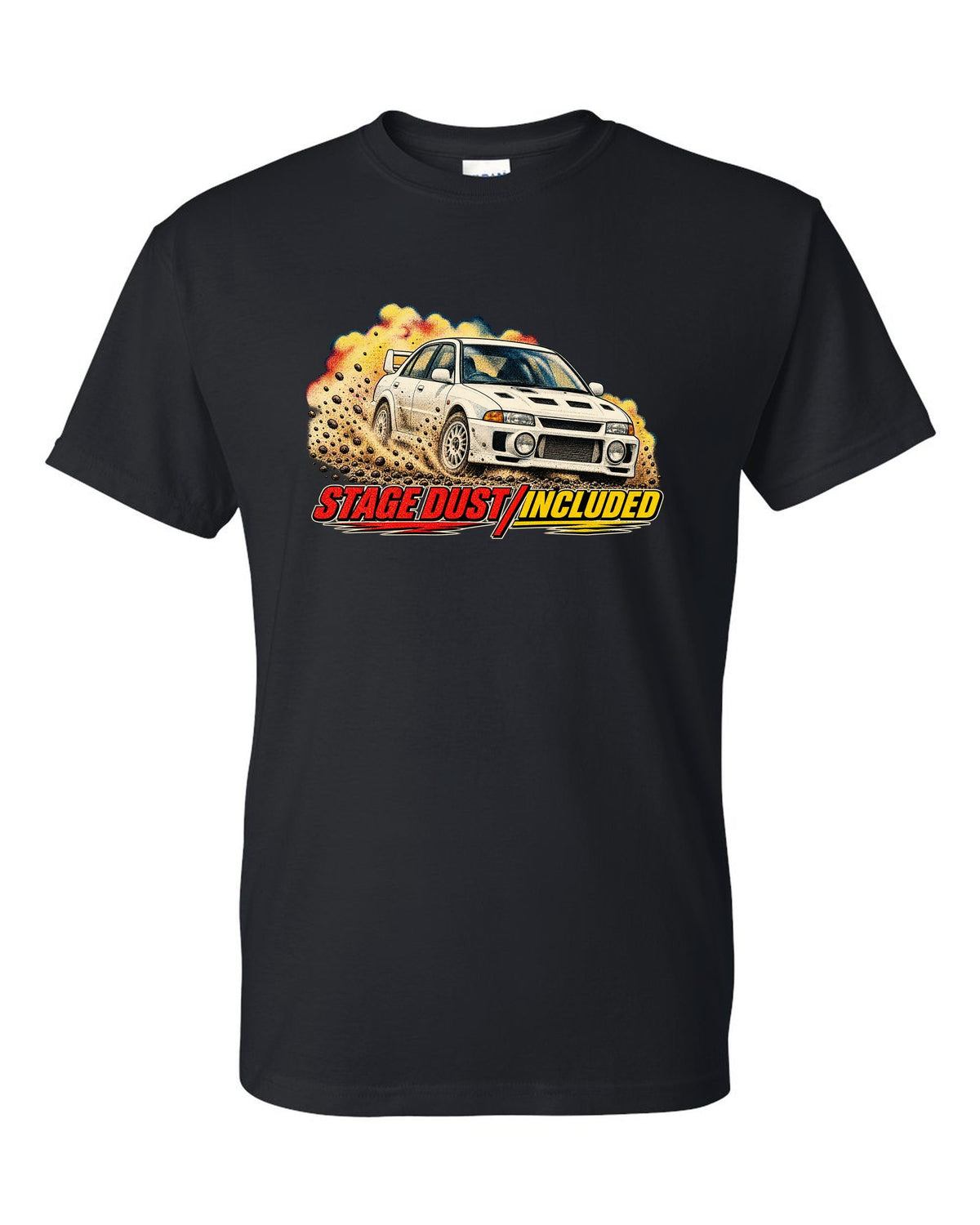 Halftone rally magazine style Mitsubishi Lancer Evolution III CE9A on gravel black t-shirt front view with the design