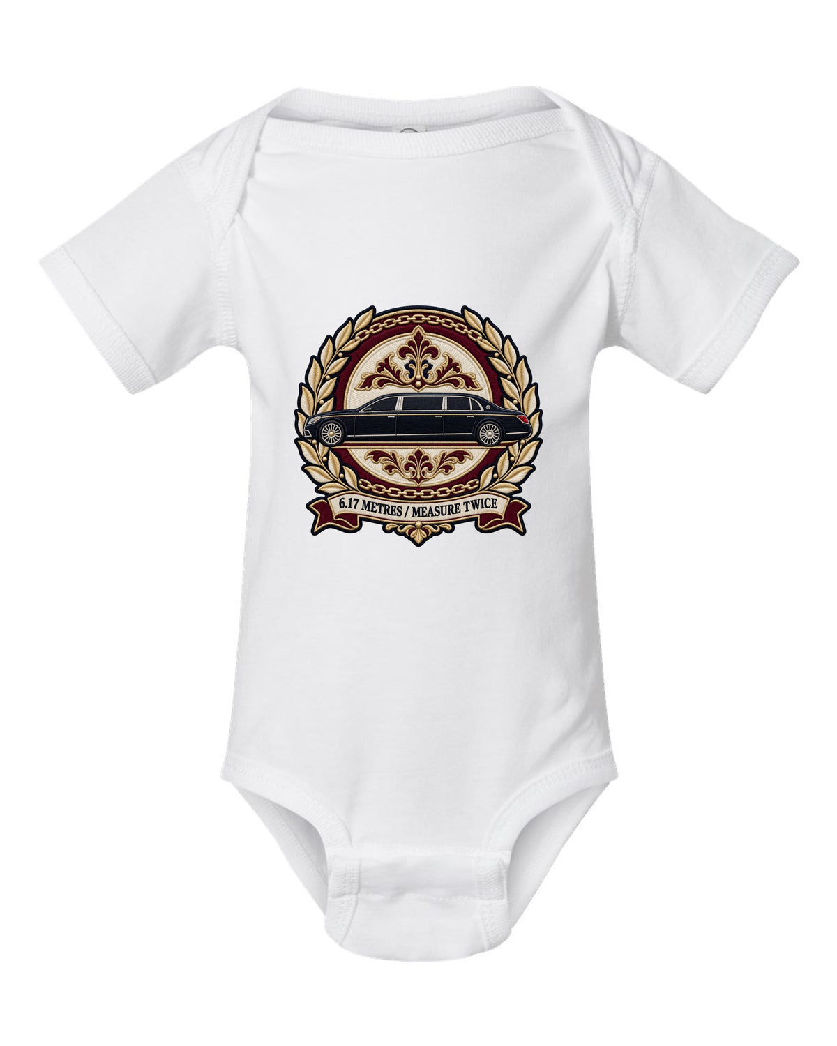 Embroidery style round crest of a Maybach 62 W240 opera window with 6.17 Metres Measure Twice text white baby onesie front view with the design