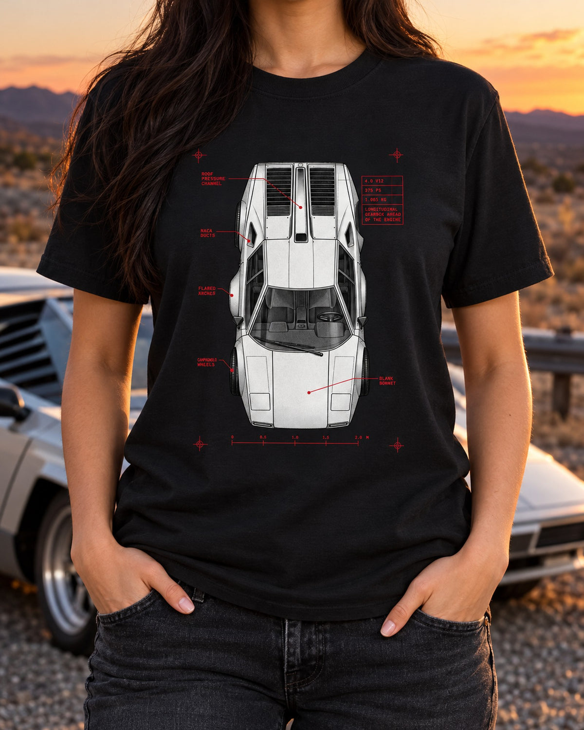 Countach LP400 Spec Plan Shirt, 4.0 V12 375 PS Car Tee T-Shirt Black worn hero