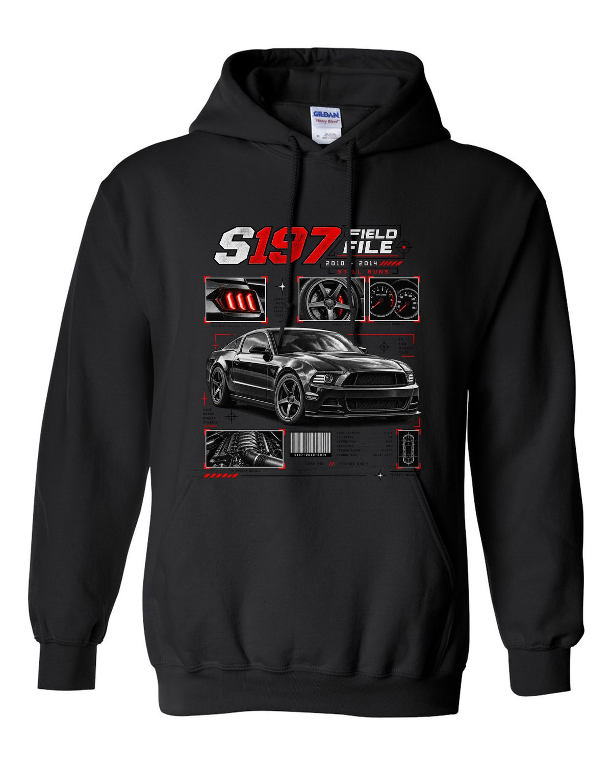 Four-panel dossier print of a Ford Mustang S197 GT fastback black pull over hoodie front view with the design