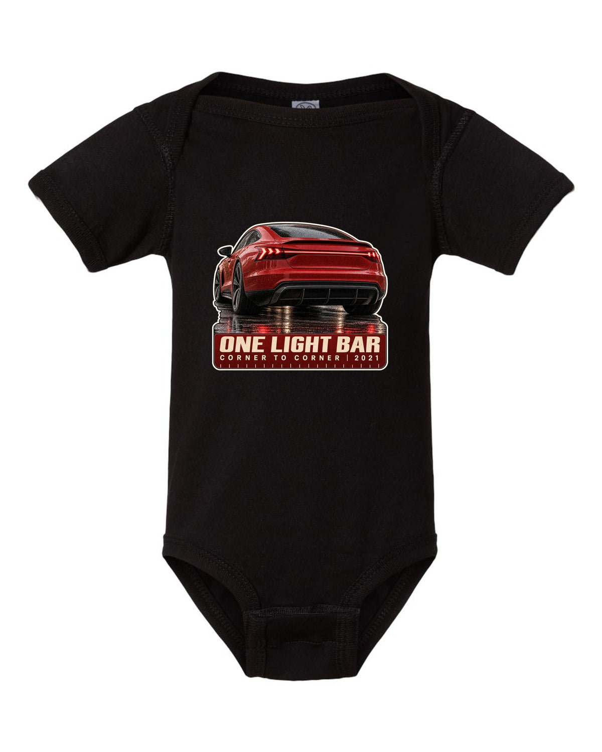 Audi RS e-tron GT rear light bar macro print design black baby onesie front view with the design