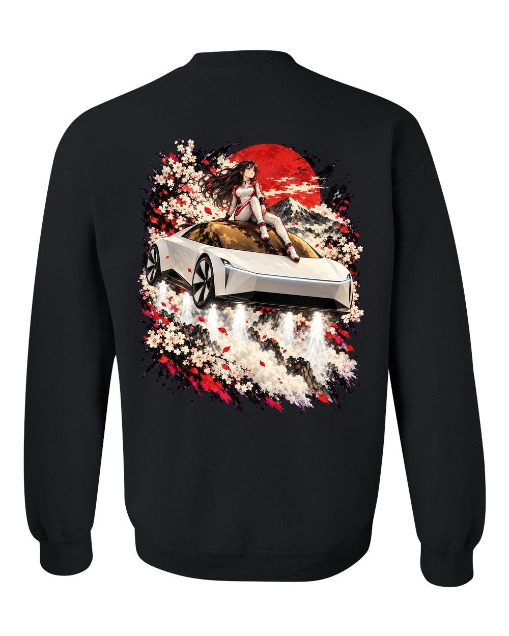 Tesla Roadster Rooftop Anime Girl Crewneck Black back