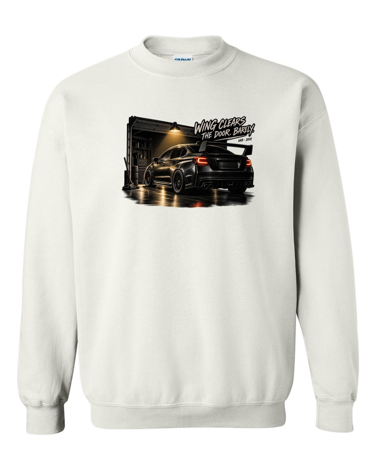 Subaru WRX STI VAB 2018 in a garage with wing clears the door barely text white crewneck front view with the design