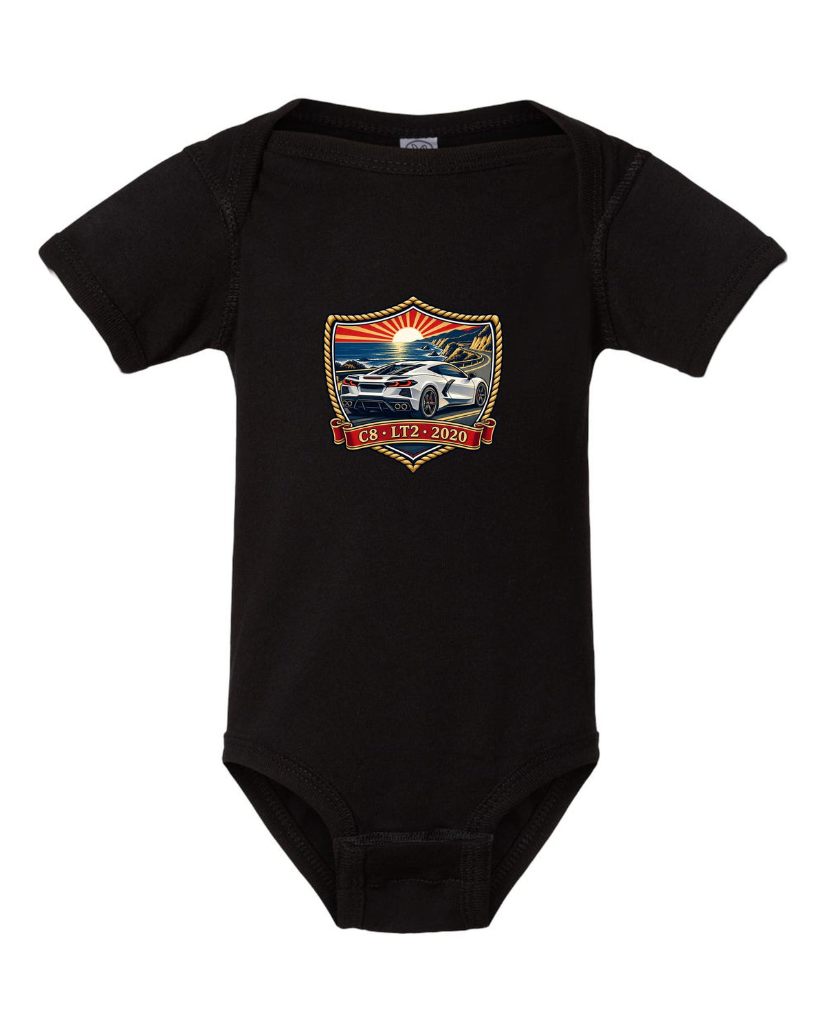 Shield crest design of a 2020 C8 mid-engine Corvette Stingray black baby onesie front view with the design