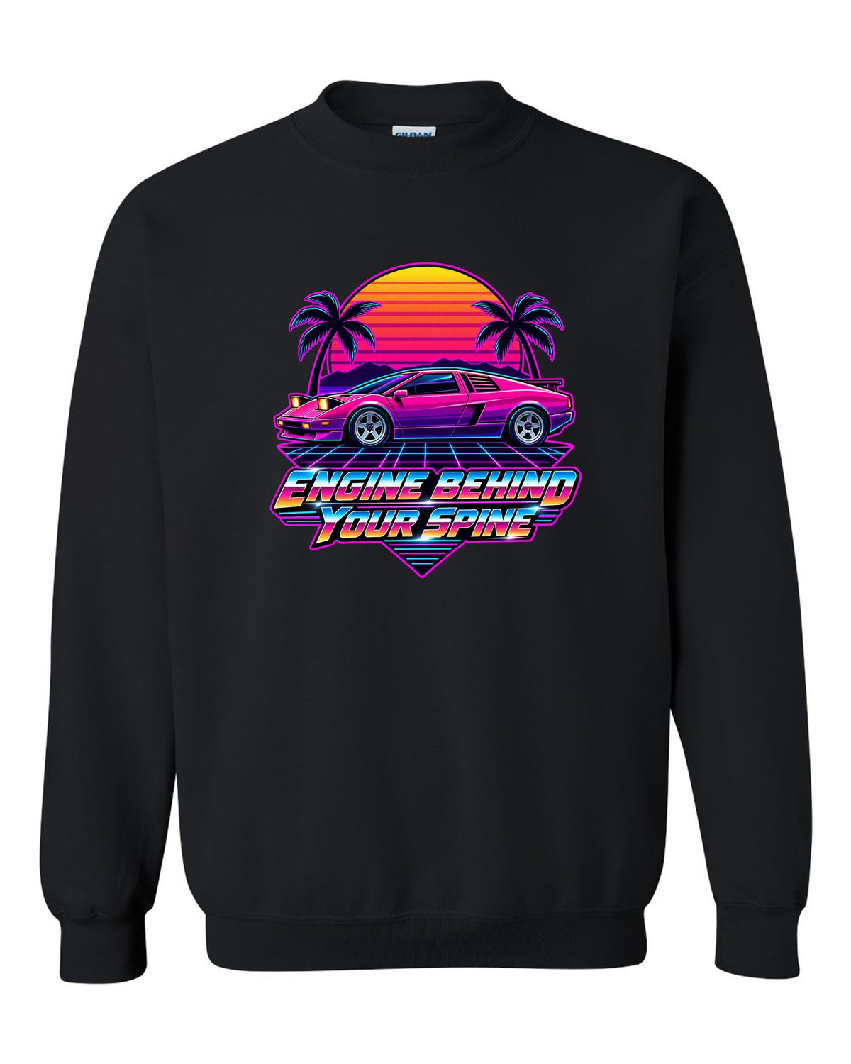 Synthwave sunset grid with a Toyota MR2 AW11 driving toward the horizon black crewneck front view with the design