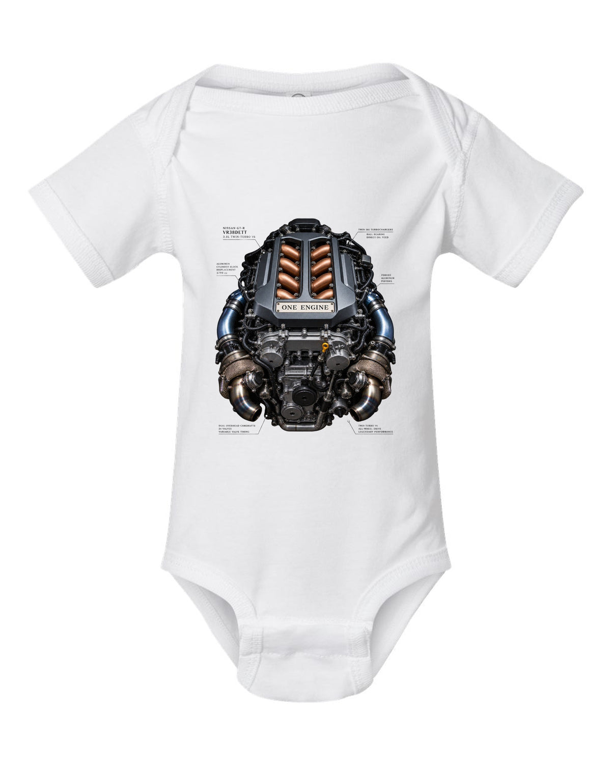 Nissan GT-R VR38DETT twin-turbo V6 engine bay illustration, print design white baby onesie front view with the design