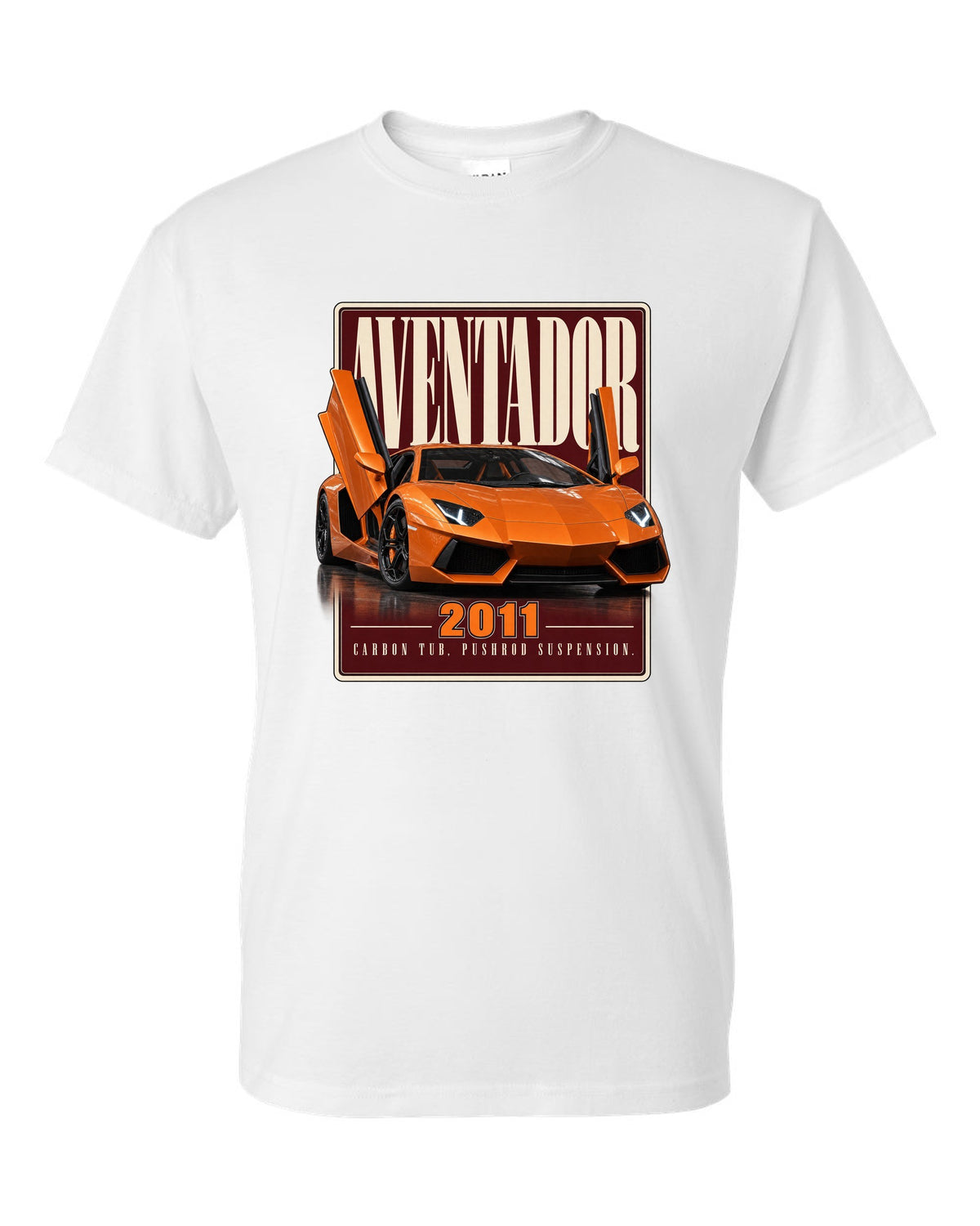 Editorial headline print of the Lamborghini Aventador LP700-4 white t-shirt front view with the design