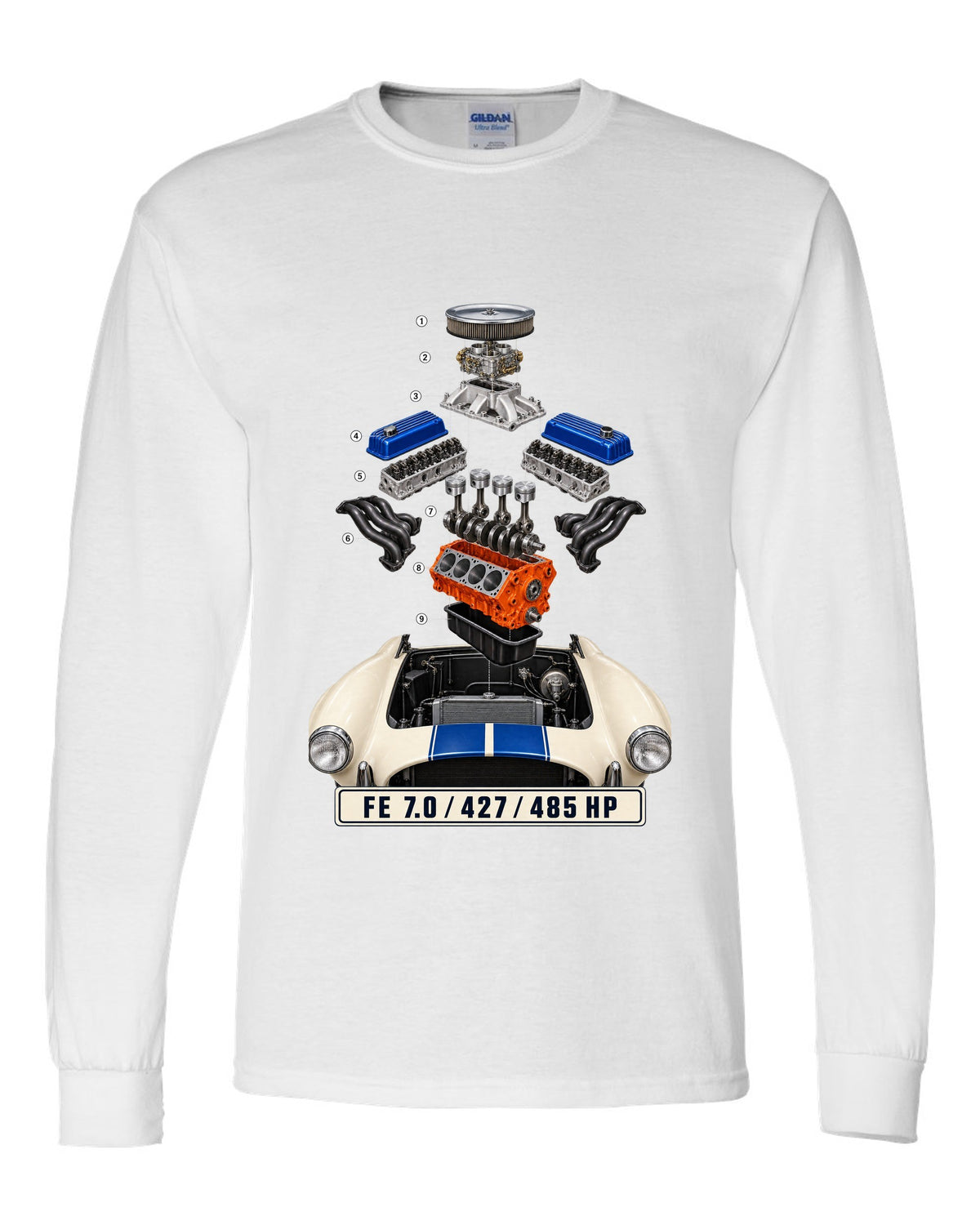 Isometric exploded view print of a Shelby Cobra 427 engine bay with FE 7.0 lettering white long sleeve front view with the design