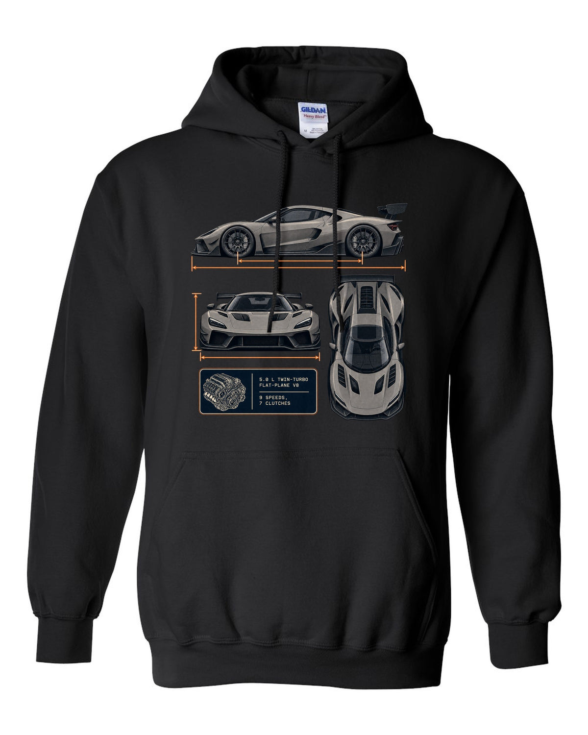 Three-view drawing and spec table of the Koenigsegg Jesko Attack, print black pull over hoodie front view with the design