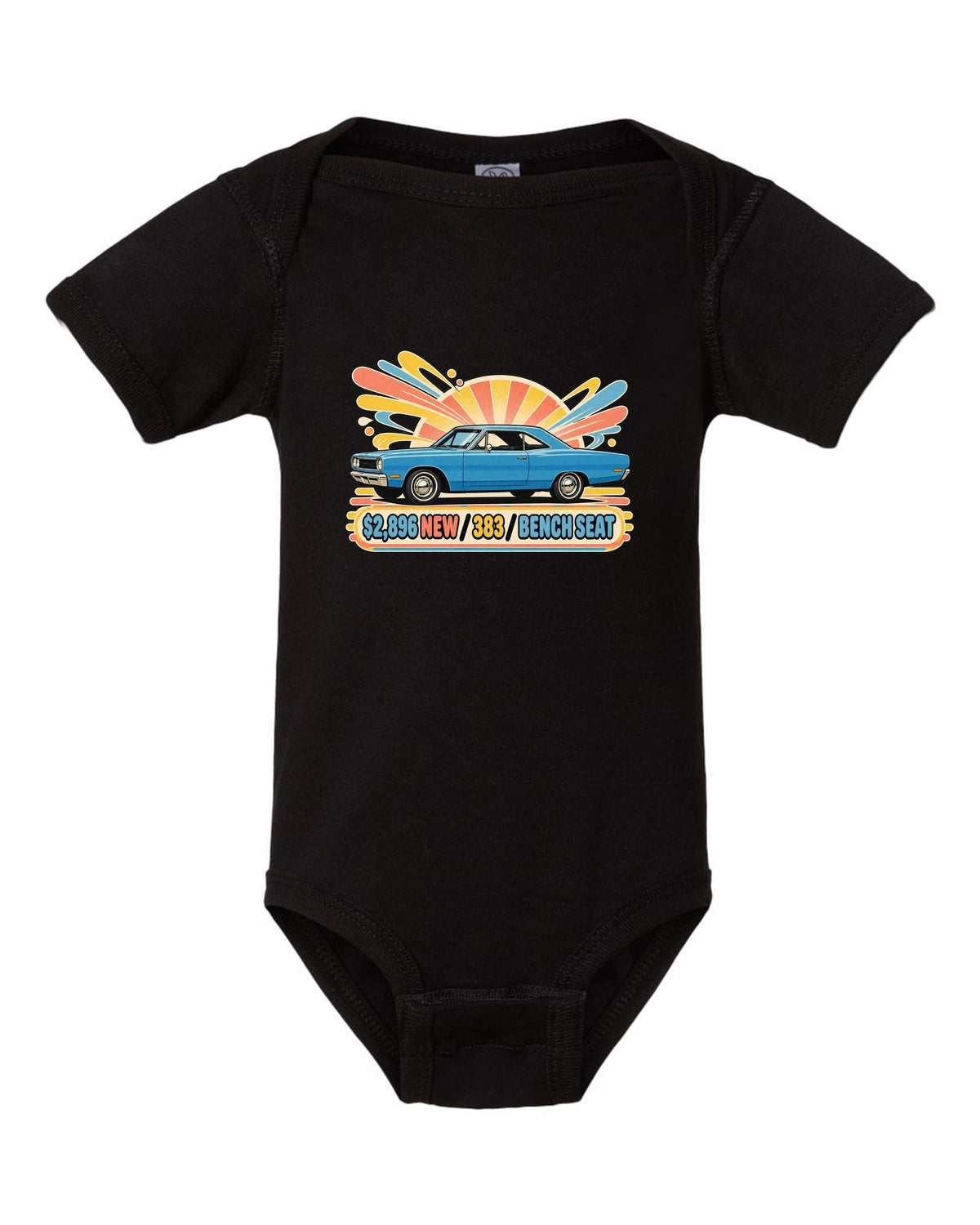 Retro Japanese showa catalogue ad of a 1968 Plymouth Road Runner with price 383 and bench seat text black baby onesie front view with the design