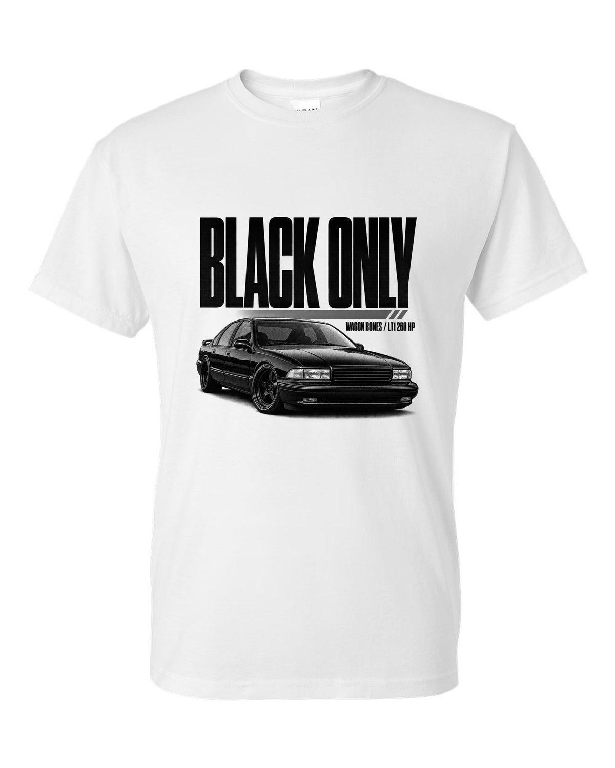 1994 Impala SS front three-quarter halftone print with LT1 text white t-shirt front view with the design