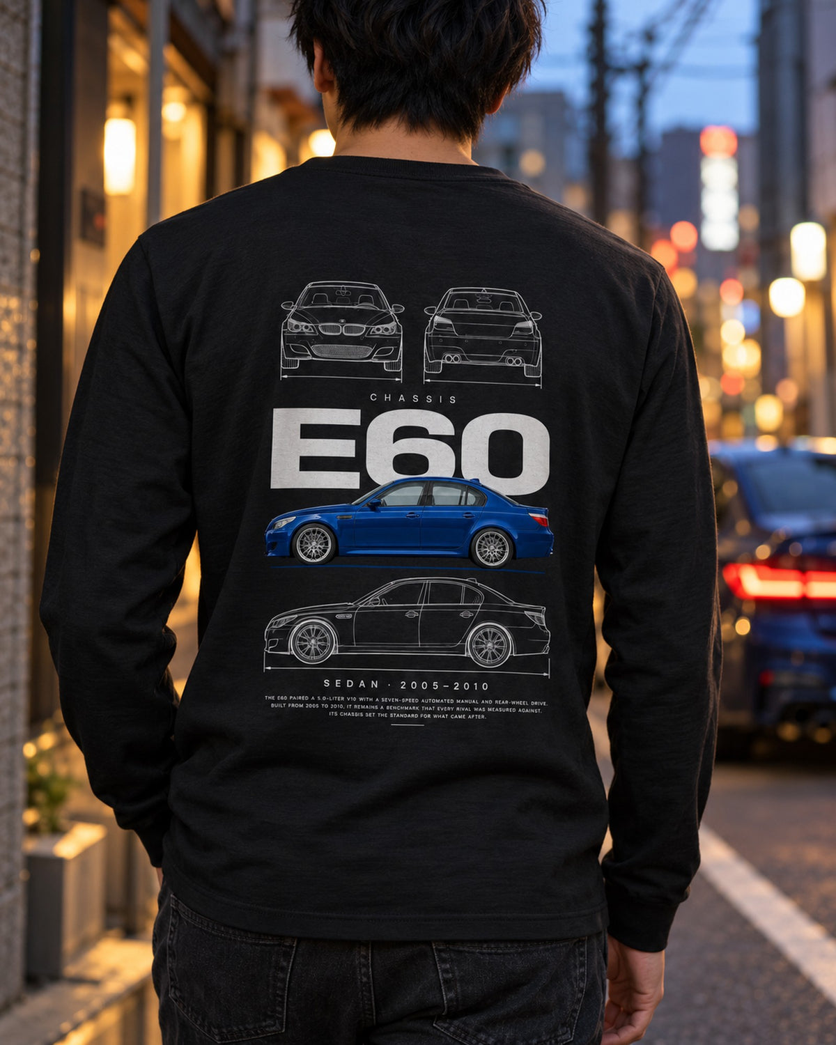 BMW E60 M5 sedan Blueprint Full-Back Graphic Tee, E60 Chassis Code Long Sleeve Black worn hero