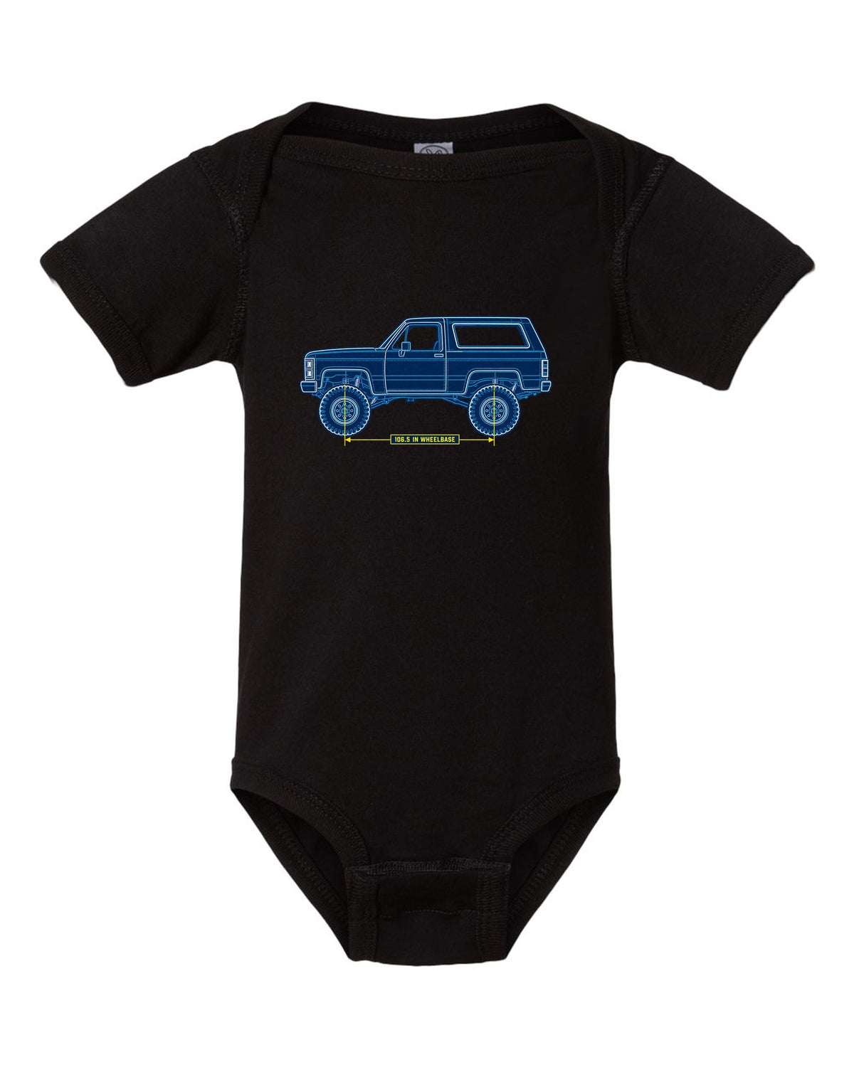Chevrolet K5 Blazer Blueprint Side View black baby onesie front view with the design