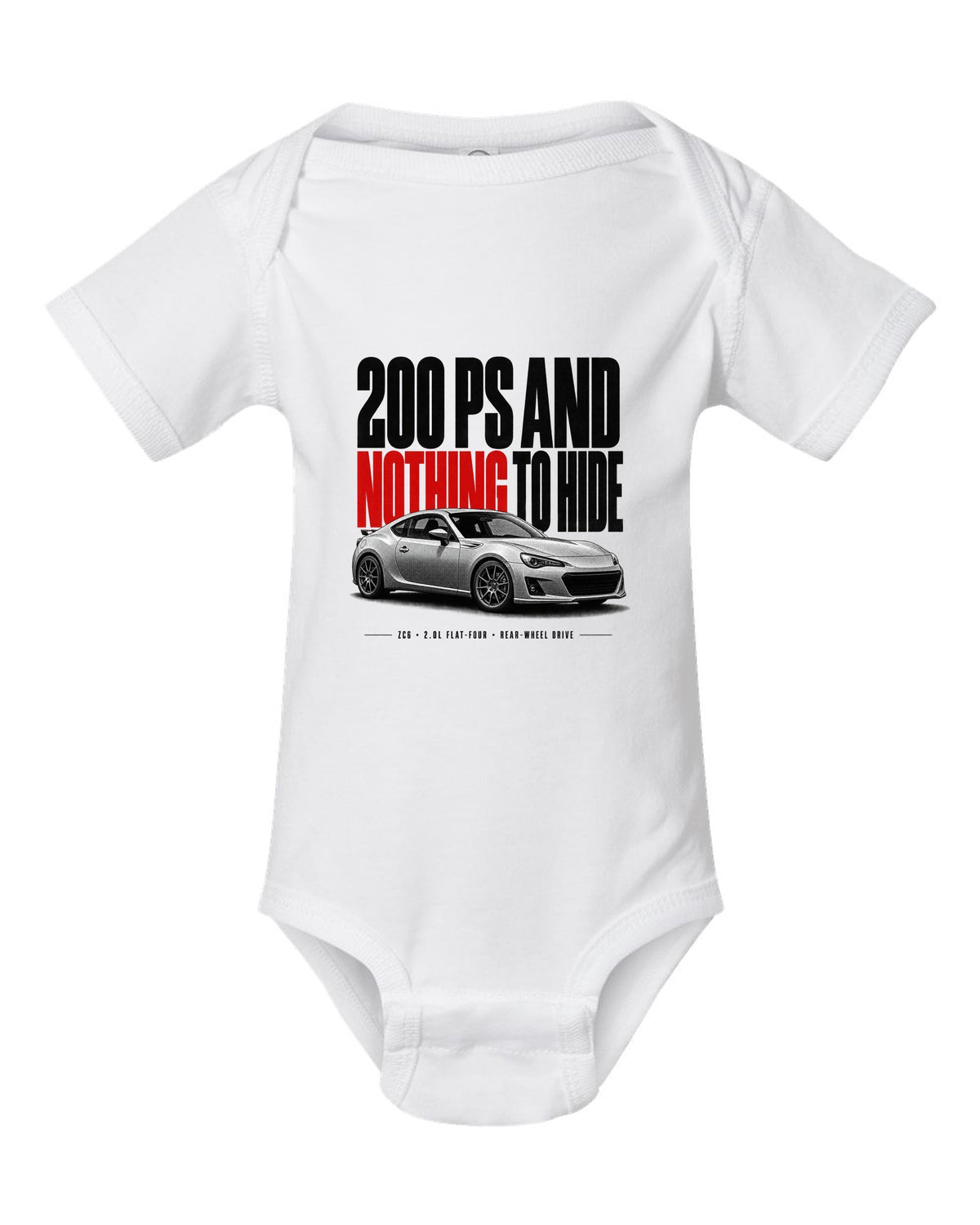 Halftone print for the Subaru BRZ ZC6 tS reading 200 PS and nothing to hide, 2.0L flat-four, rear-wheel drive white baby onesie front view with the design