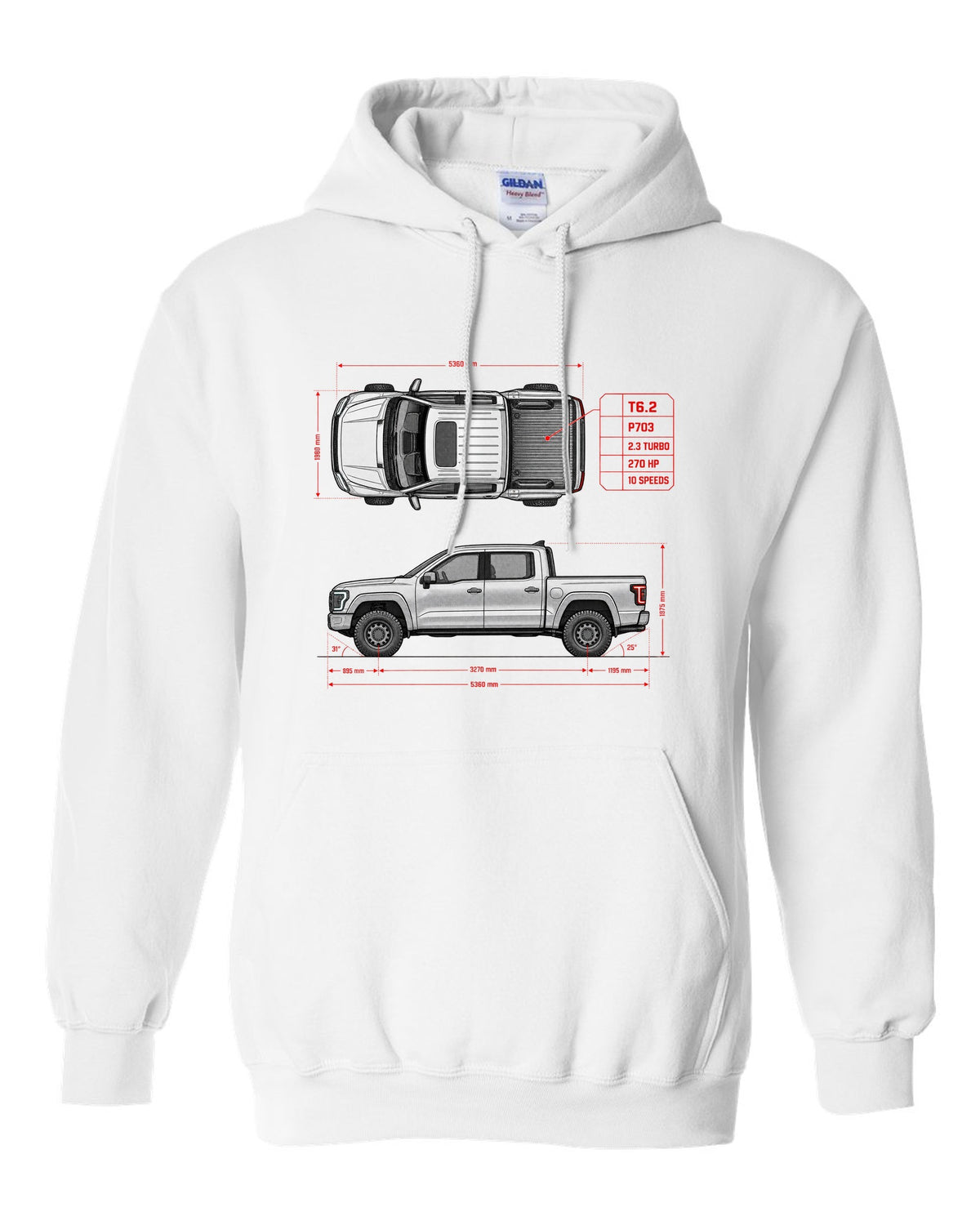 Ford Ranger T6.2 P703 spec poster print with 2.3 turbo, 270 HP and 10 speeds white pull over hoodie front view with the design
