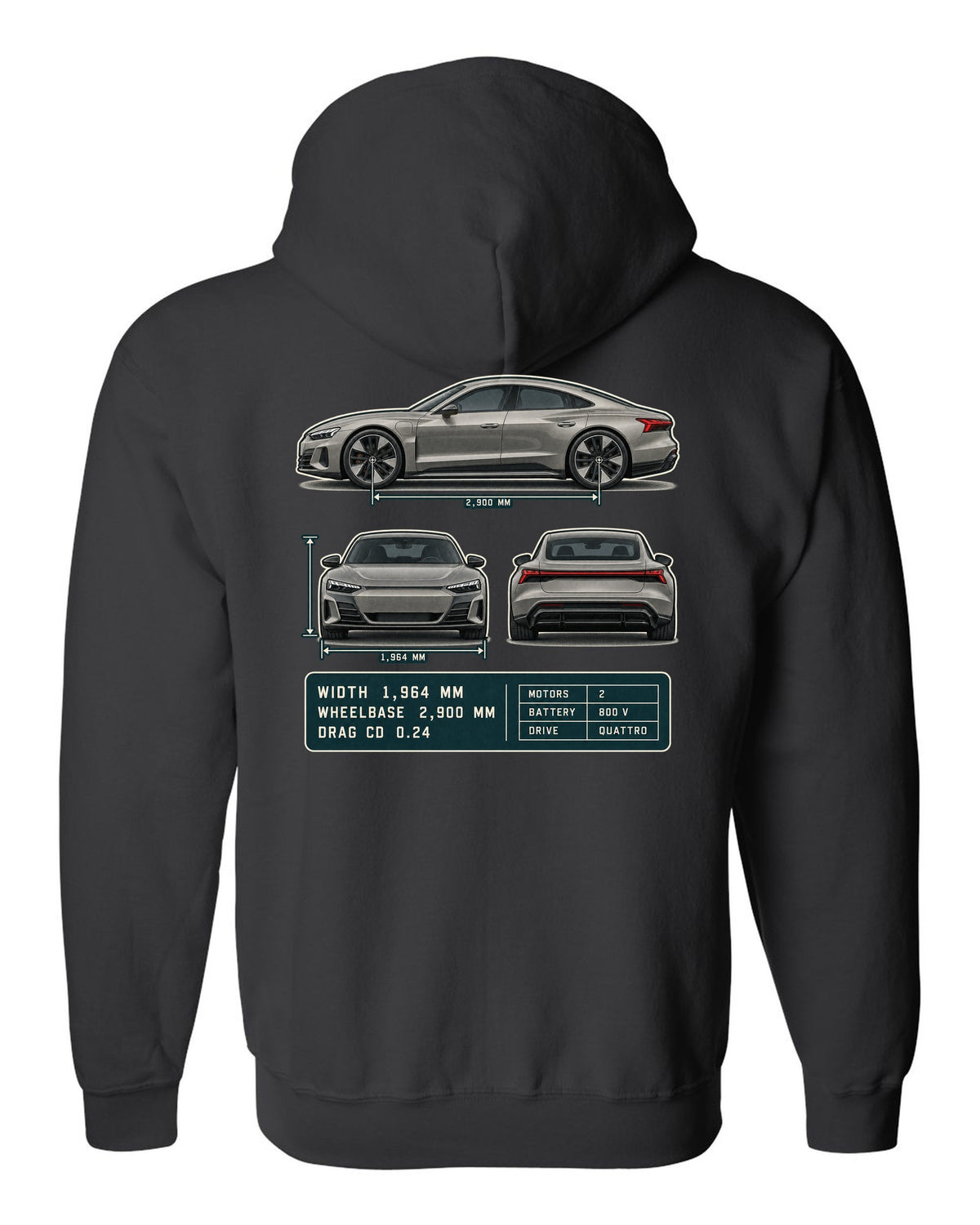 Audi RS e-tron GT Three-View Spec Table Tee, Cd 0.24 Car black zip hoodie back view with the design
