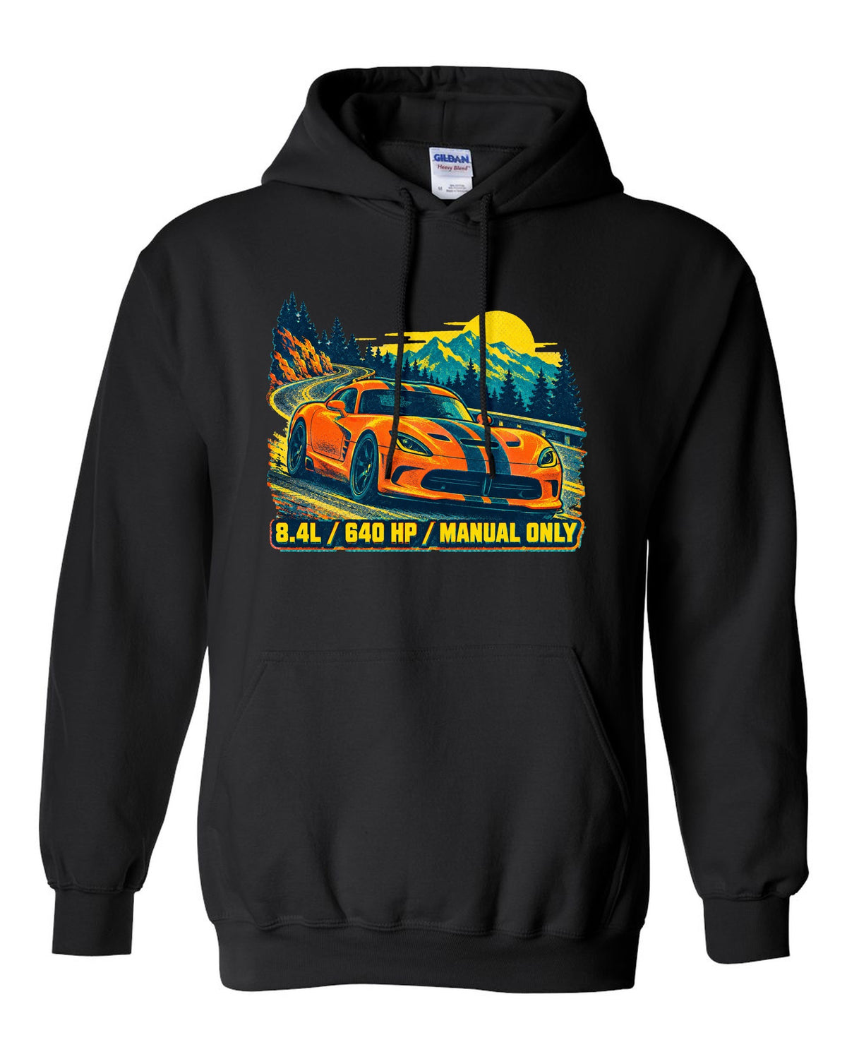 Risograph spot-colour print of a 2013 Dodge Viper VX I with 8.4L text black pull over hoodie front view with the design