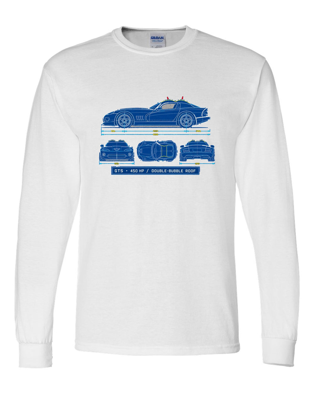Cyanotype blueprint print of a 1996 Dodge Viper GTS SR II with double-bubble roof text white long sleeve front view with the design