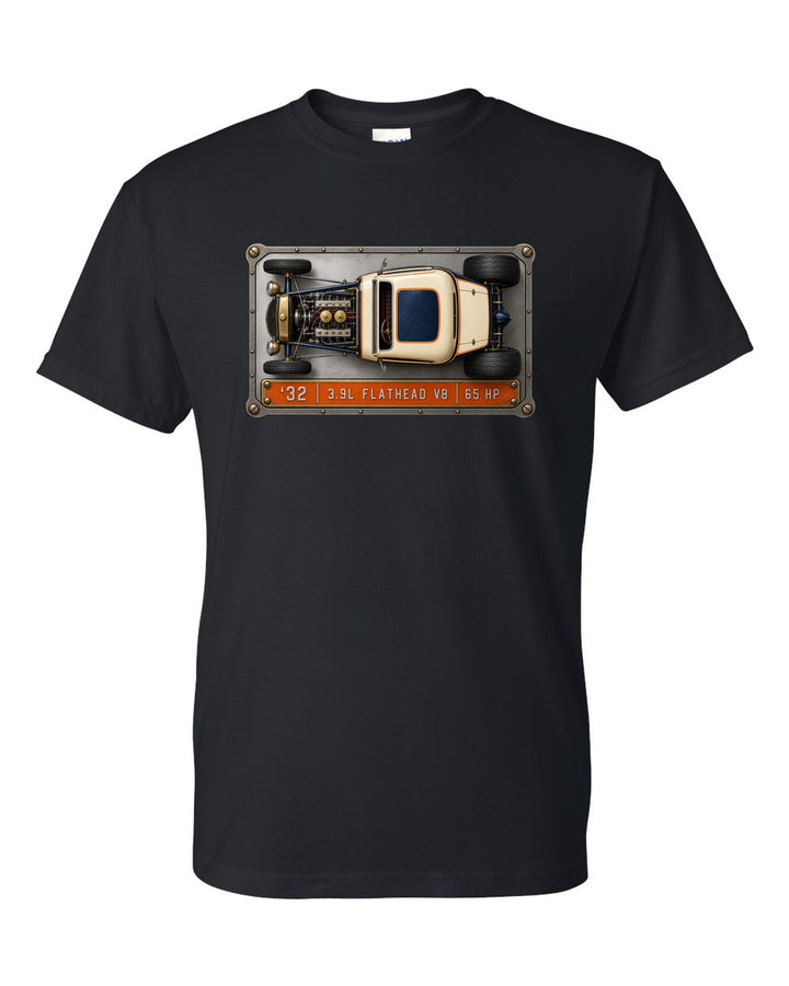 Spec sheet data plate print of a top-down 1932 Ford Deuce coupe with flathead V8 lettering black t-shirt front view with the design