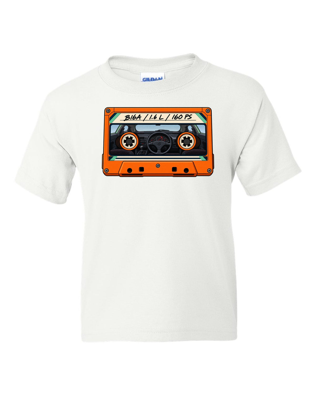 Lo-fi cassette label style print for a Honda Civic EG6 SiR with B16A 1.6 L 160 PS text white kids tee front view with the design