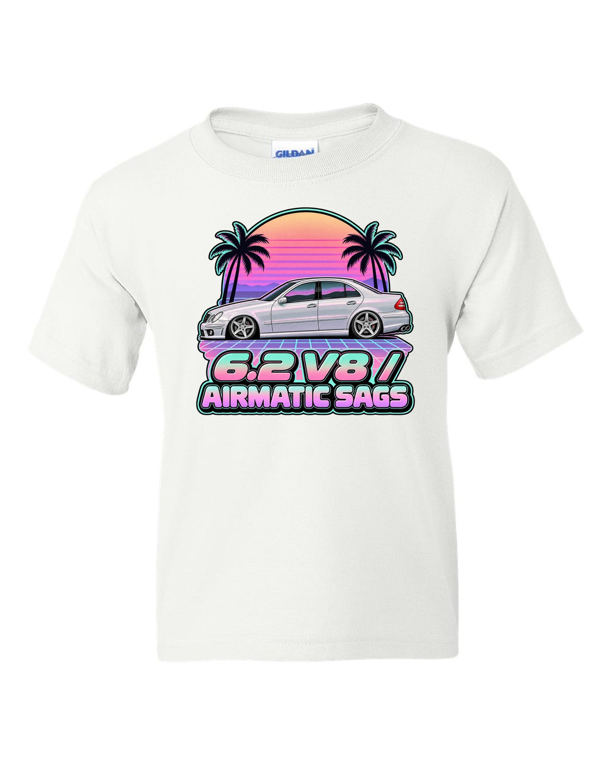 Vaporwave pastel print of a Mercedes E63 AMG W211 with Airmatic text white kids tee front view with the design
