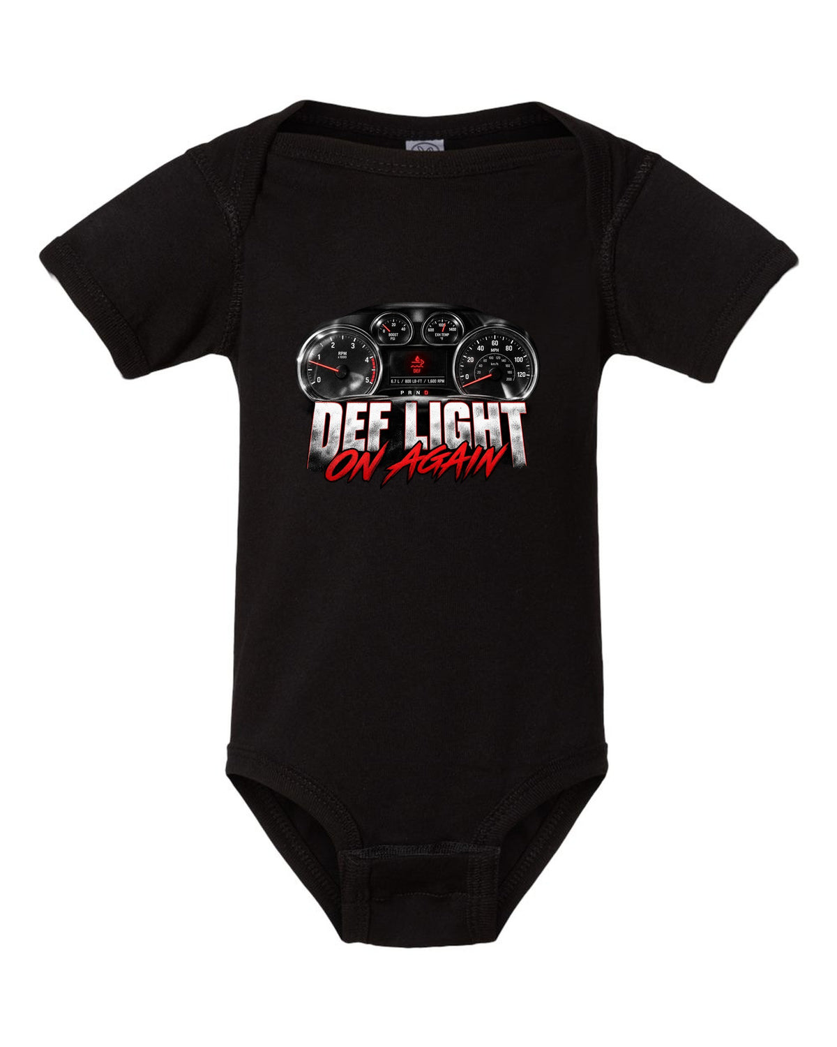 Gauge cluster crop of a 2013 Ram 2500 4th gen 6.7 with the text DEF light, on again black baby onesie front view with the design