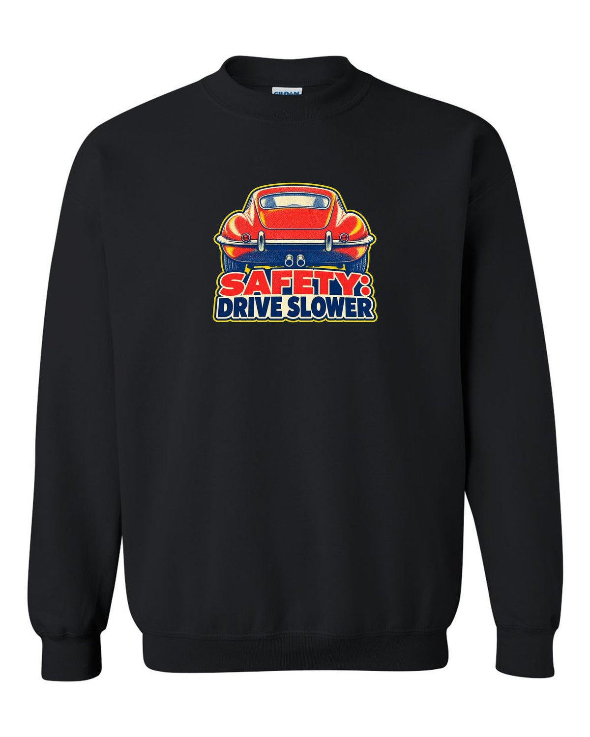 Jaguar E-Type Series 1 risograph print with SAFETY DRIVE SLOWER lettering black crewneck front view with the design
