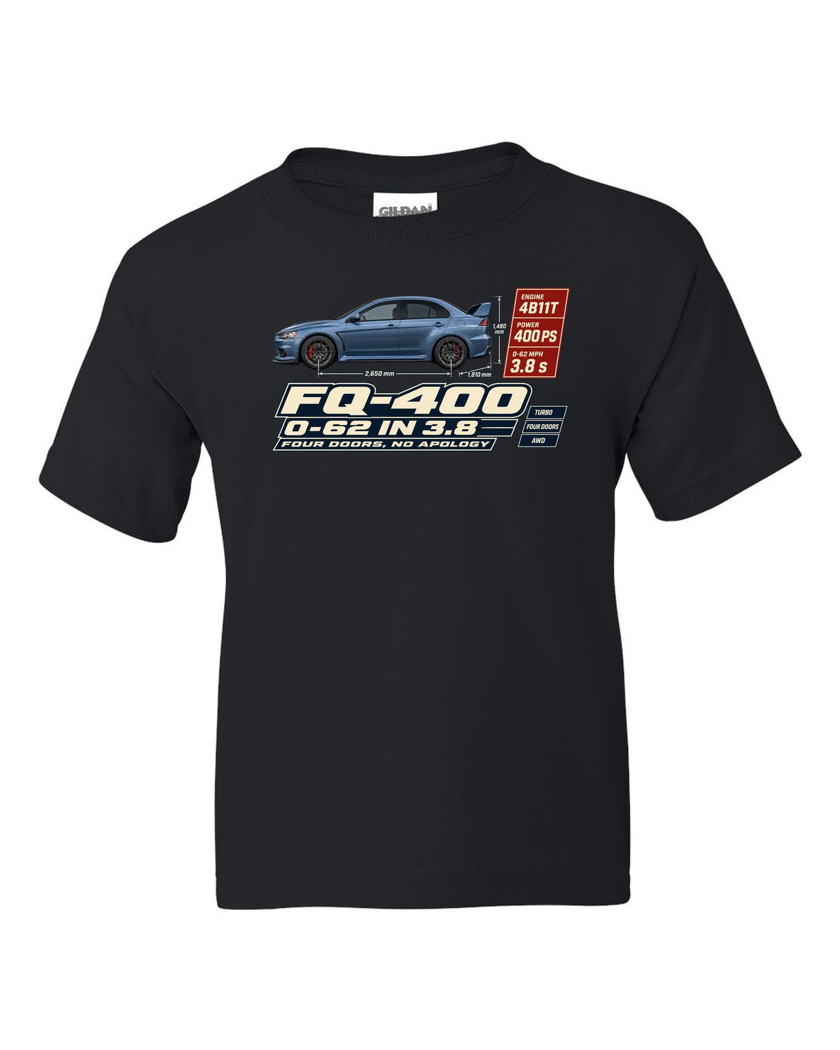 Evo X FQ-400 Spec Poster Tee, 0-62 in 3.8, Four Doors black kids tee front view with the design